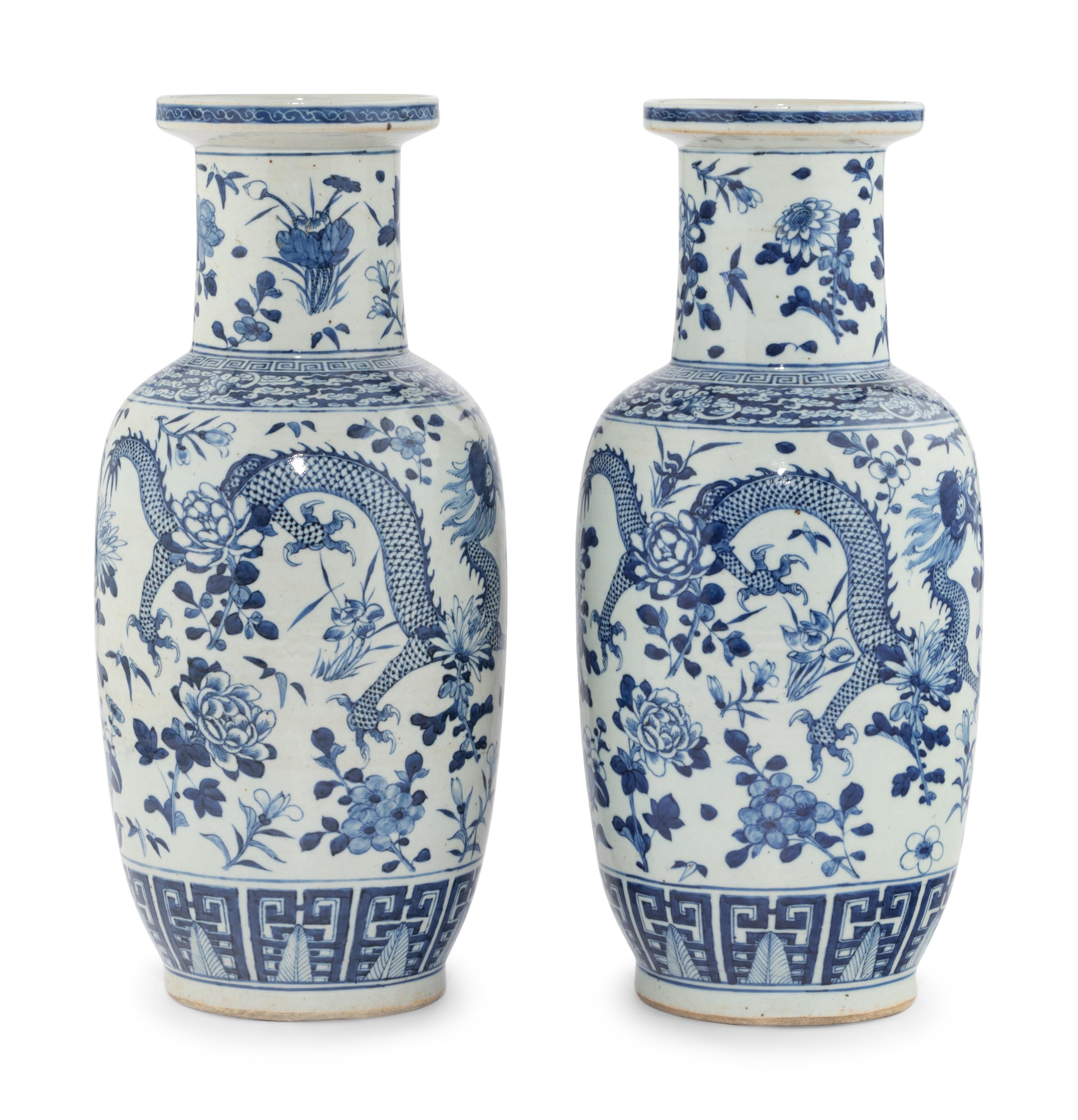 A Pair of Chinese Blue and White Porcelain Rouleau Vases