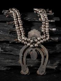 Navajo Silver and Petit Point Turquoise Cluster Squash Blossom Necklace