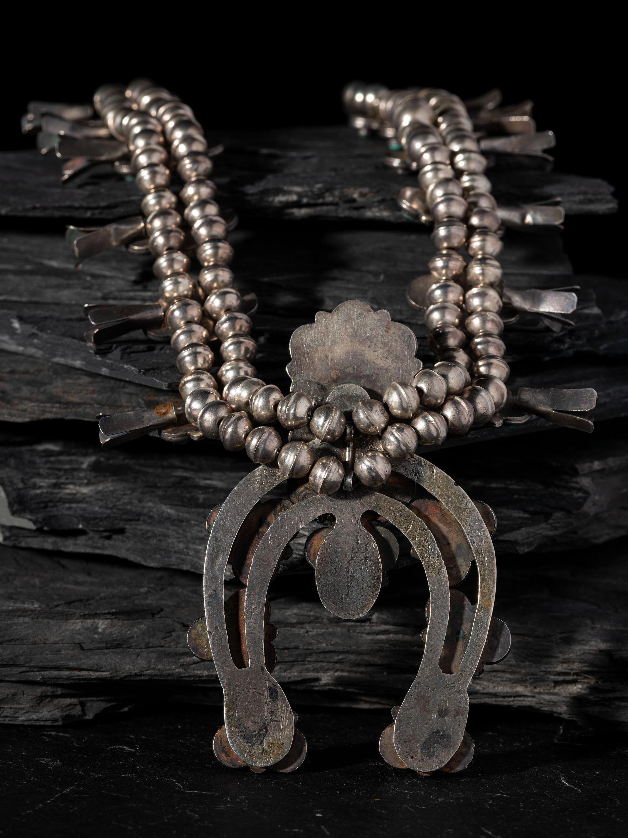 Navajo Silver and Petit Point Turquoise Cluster Squash Blossom Necklace
