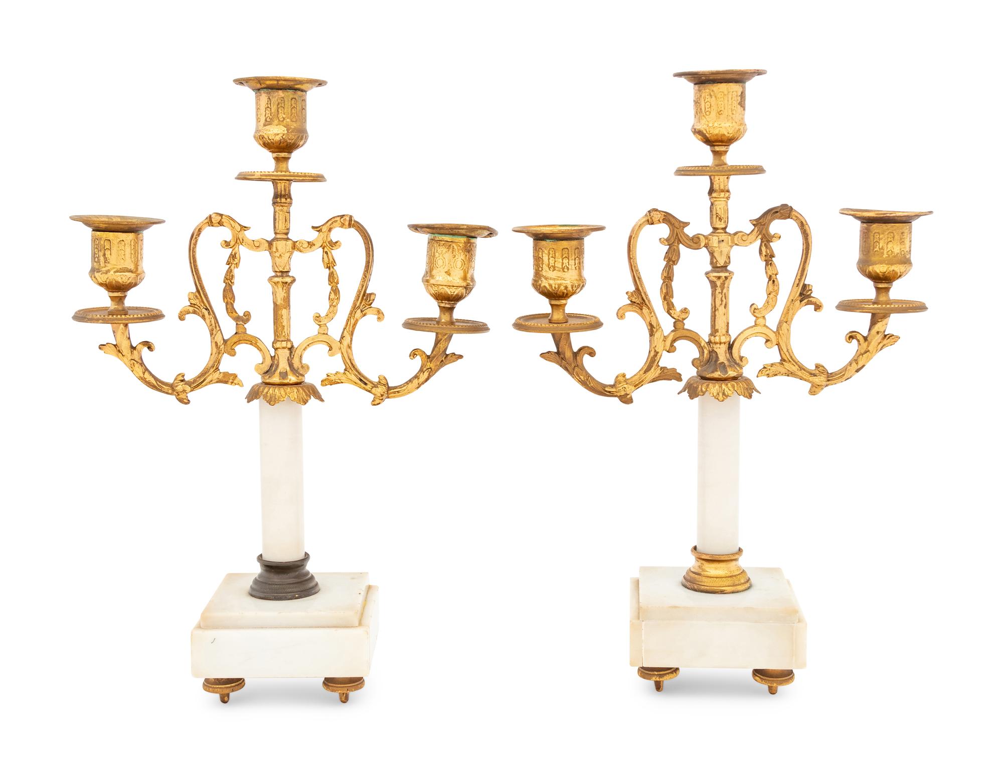 A Pair of Gilt Bronze and Marble Three-Light Candelabra