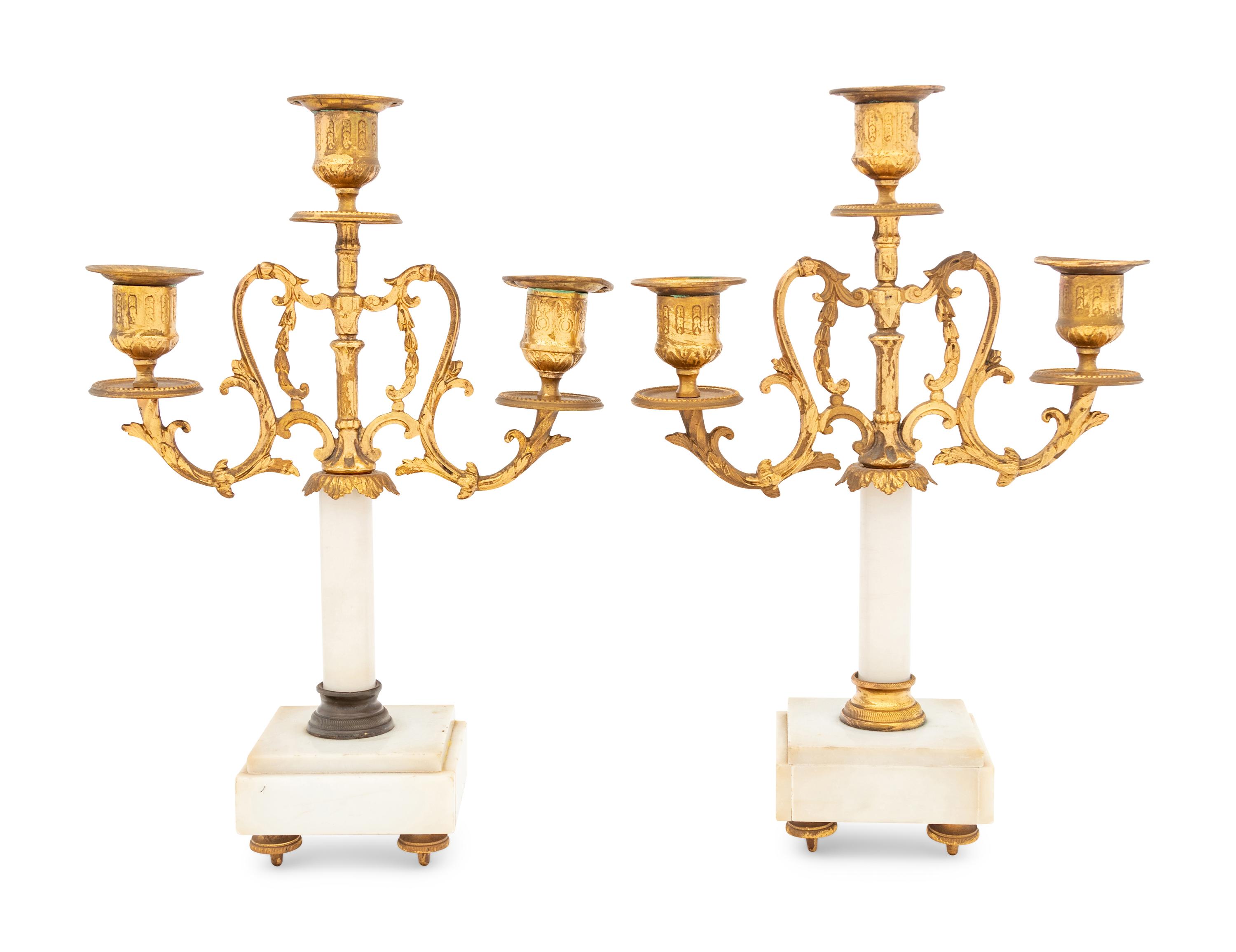 A Pair of Gilt Bronze and Marble Three-Light Candelabra
