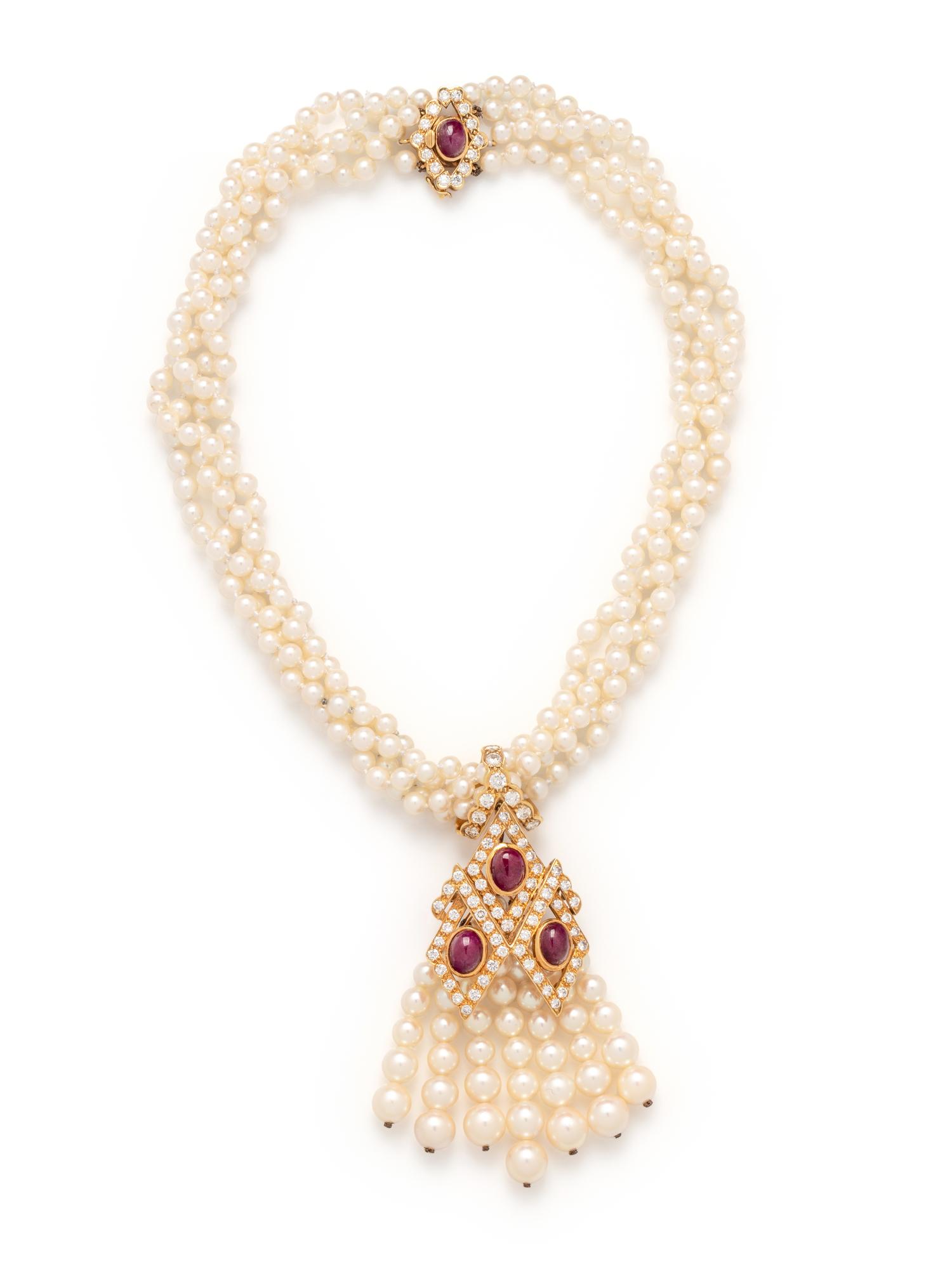 CONVERTIBLE CULTURED PEARL, RUBY AND DIAMOND NECKLACE