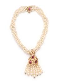 CONVERTIBLE CULTURED PEARL, RUBY AND DIAMOND NECKLACE