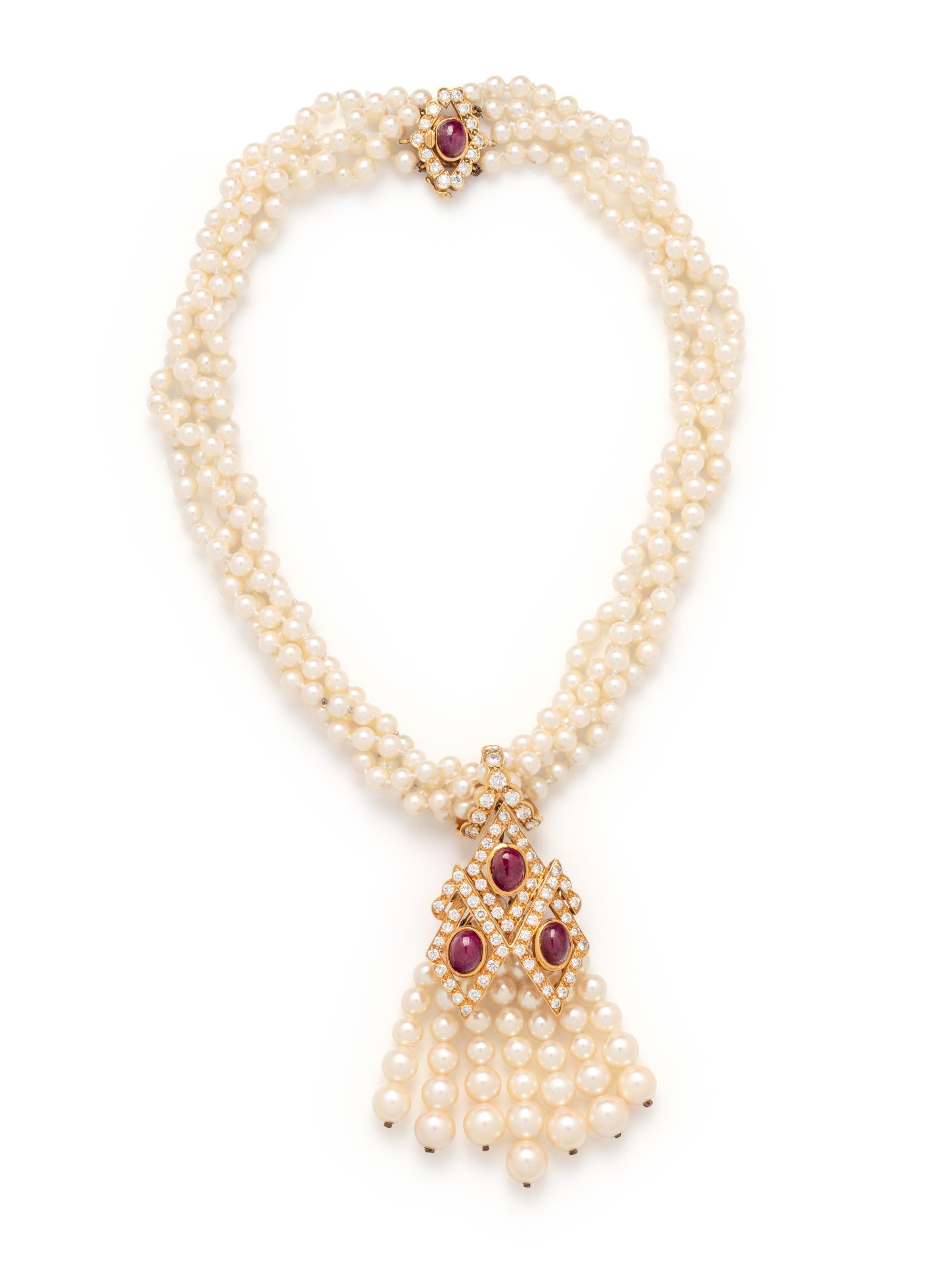 CONVERTIBLE CULTURED PEARL, RUBY AND DIAMOND NECKLACE