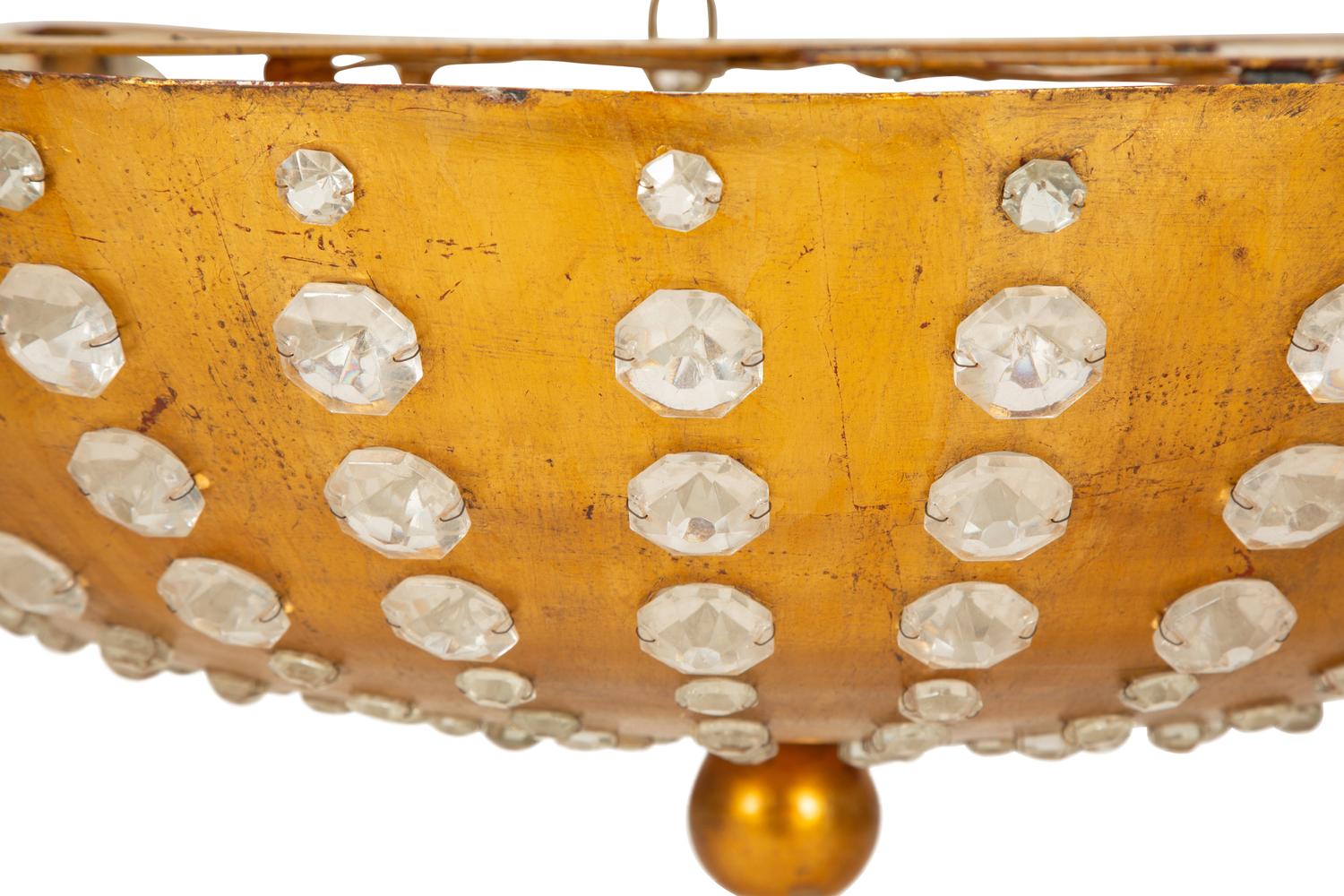 A Large French Gilt Metal and Cut Glass Bowl-Form Light Fixture