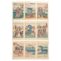 Three Japanese Woodblock Triptychs, including Hiroshige, Hiroshige II and Kunisada