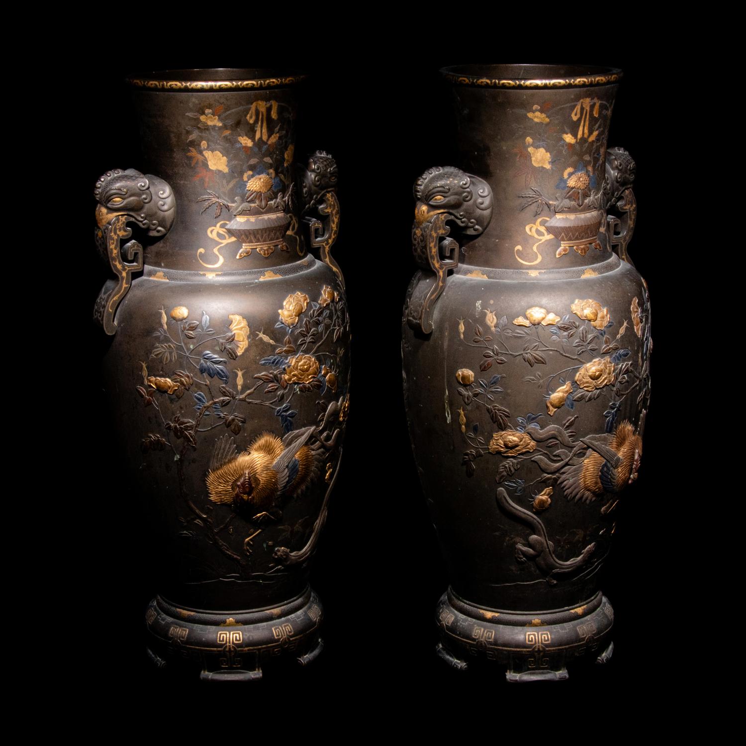 A Pair of Japanese Bronze and Mixed-Metal Baluster Vases, Meiji Period, Late 19th Century