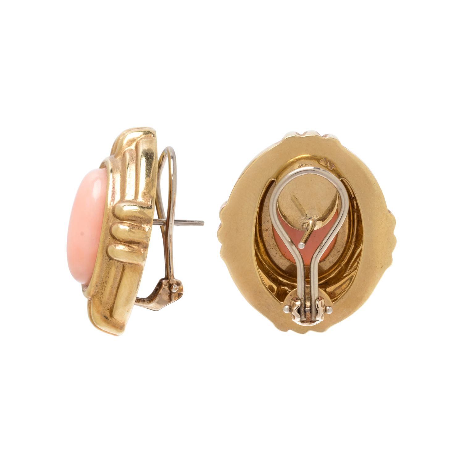 YELLOW GOLD AND ANGEL SKIN CORAL EARCLIPS