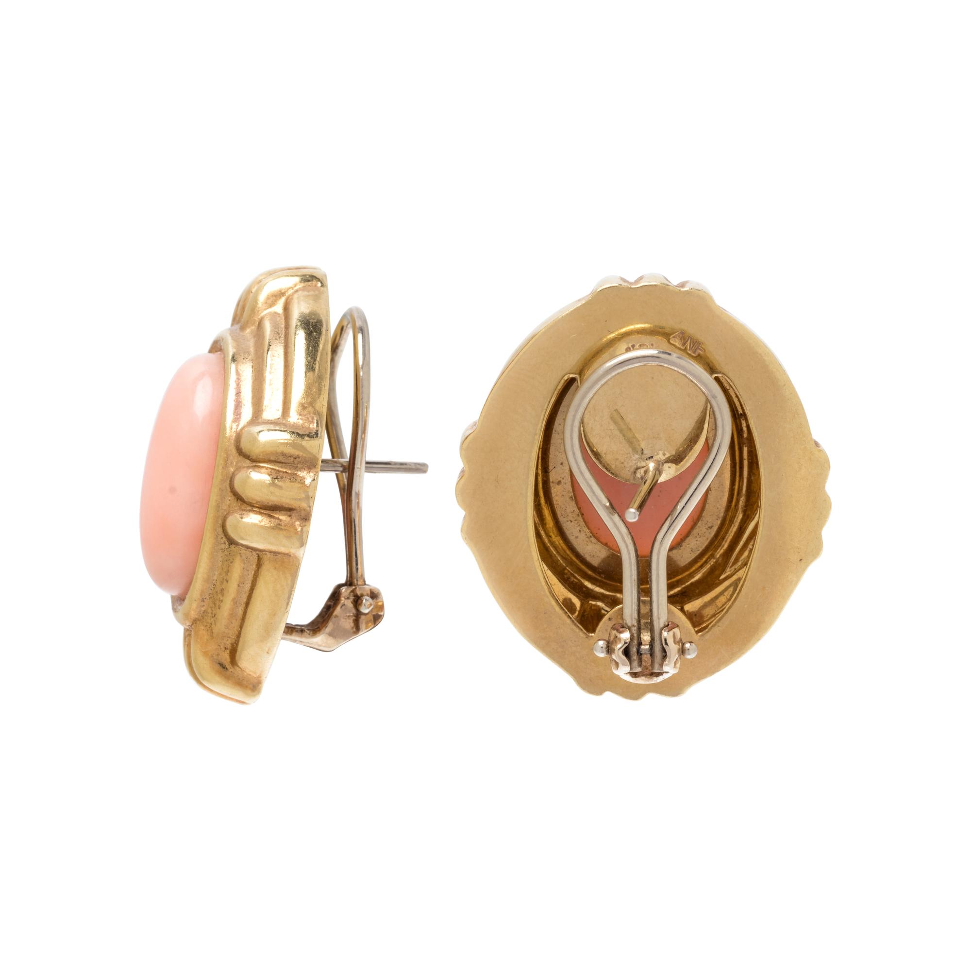 YELLOW GOLD AND ANGEL SKIN CORAL EARCLIPS