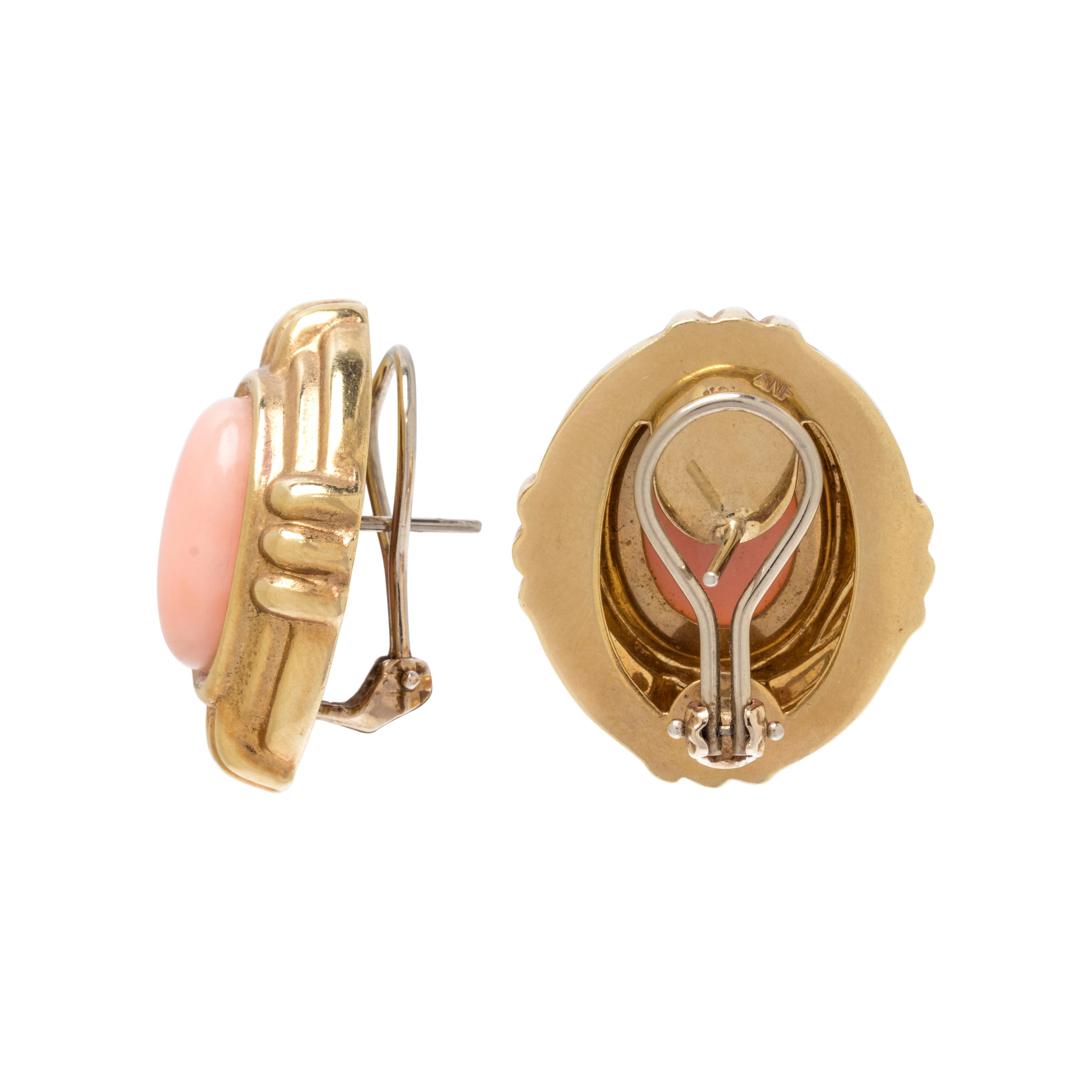 YELLOW GOLD AND ANGEL SKIN CORAL EARCLIPS