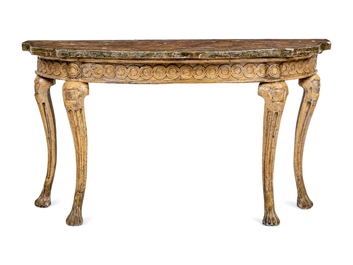 A Pair of Italian Gilt and Silvered Faux Marble-Top Console Tables