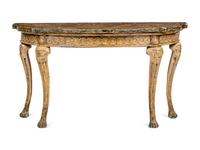 A Pair of Italian Gilt and Silvered Faux Marble-Top Console Tables