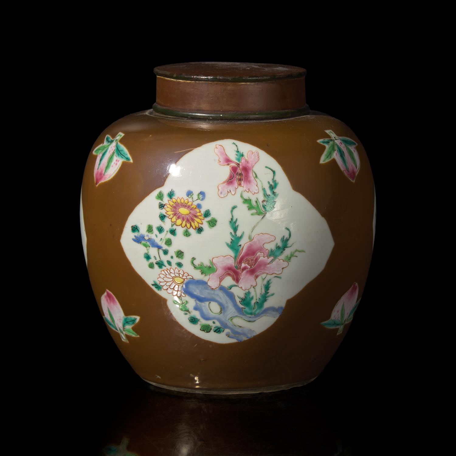 A Chinese Café-au-Lait Ground Famille Rose Jar, 18th Century — 清中期 烏金地開光粉彩花卉罐