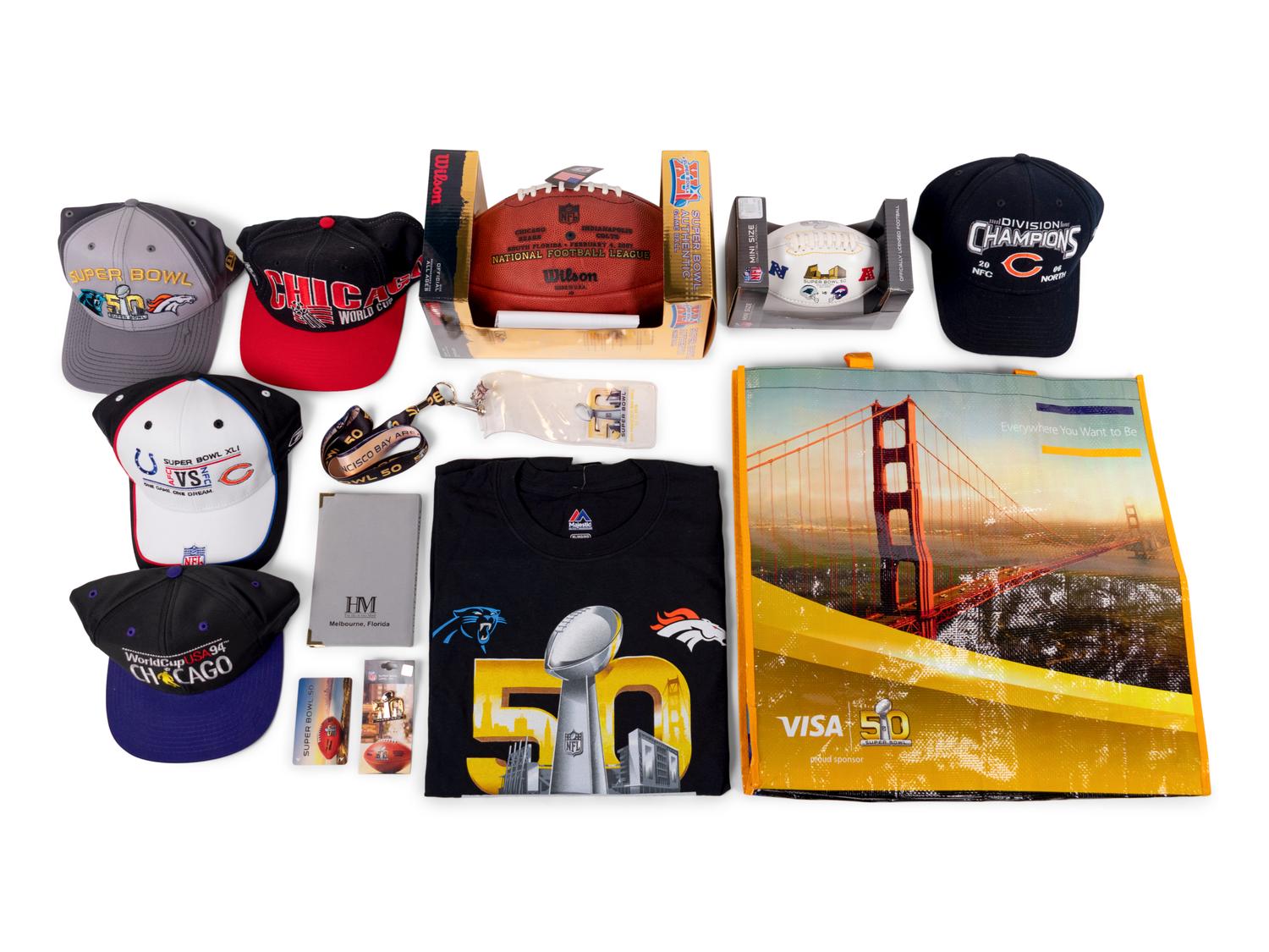 (Sports) A group of football, Super Bowl, and soccer memorabilia, comprising: