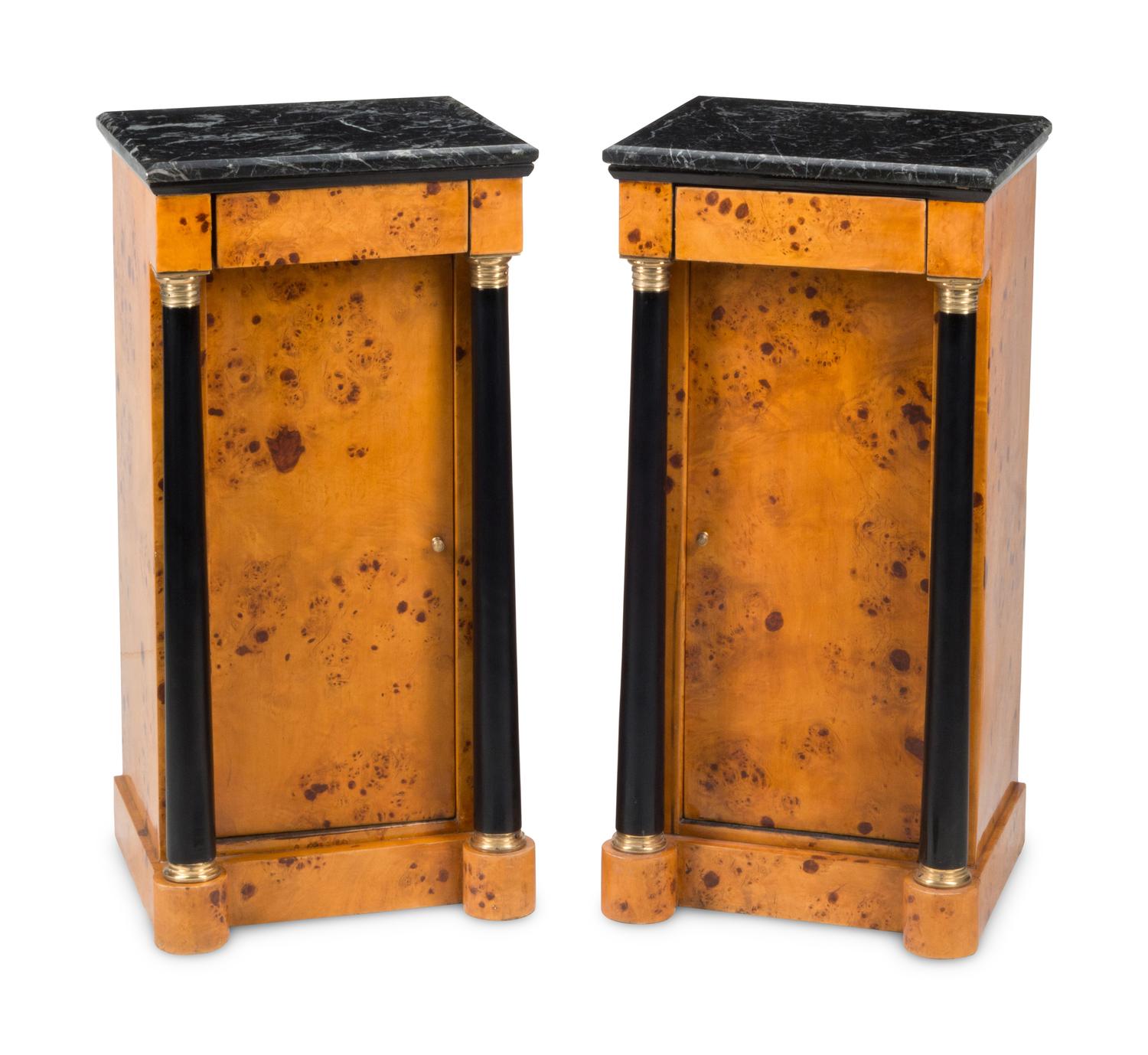 A Pair of Empire Style Part-Ebonized Marble-Top Bedside Tables