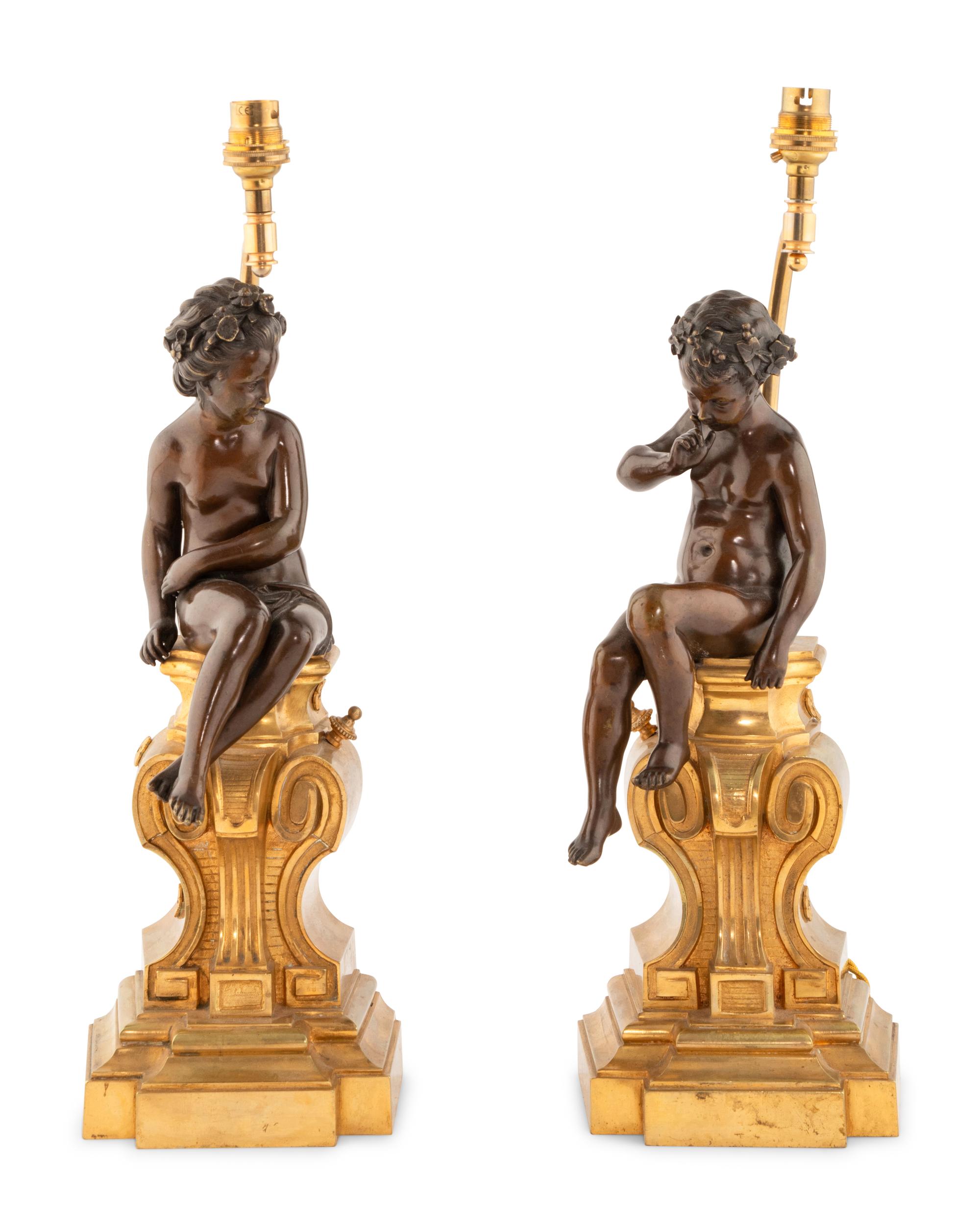 A Pair Continental Parcel-Gilt Bronze Putti Figures