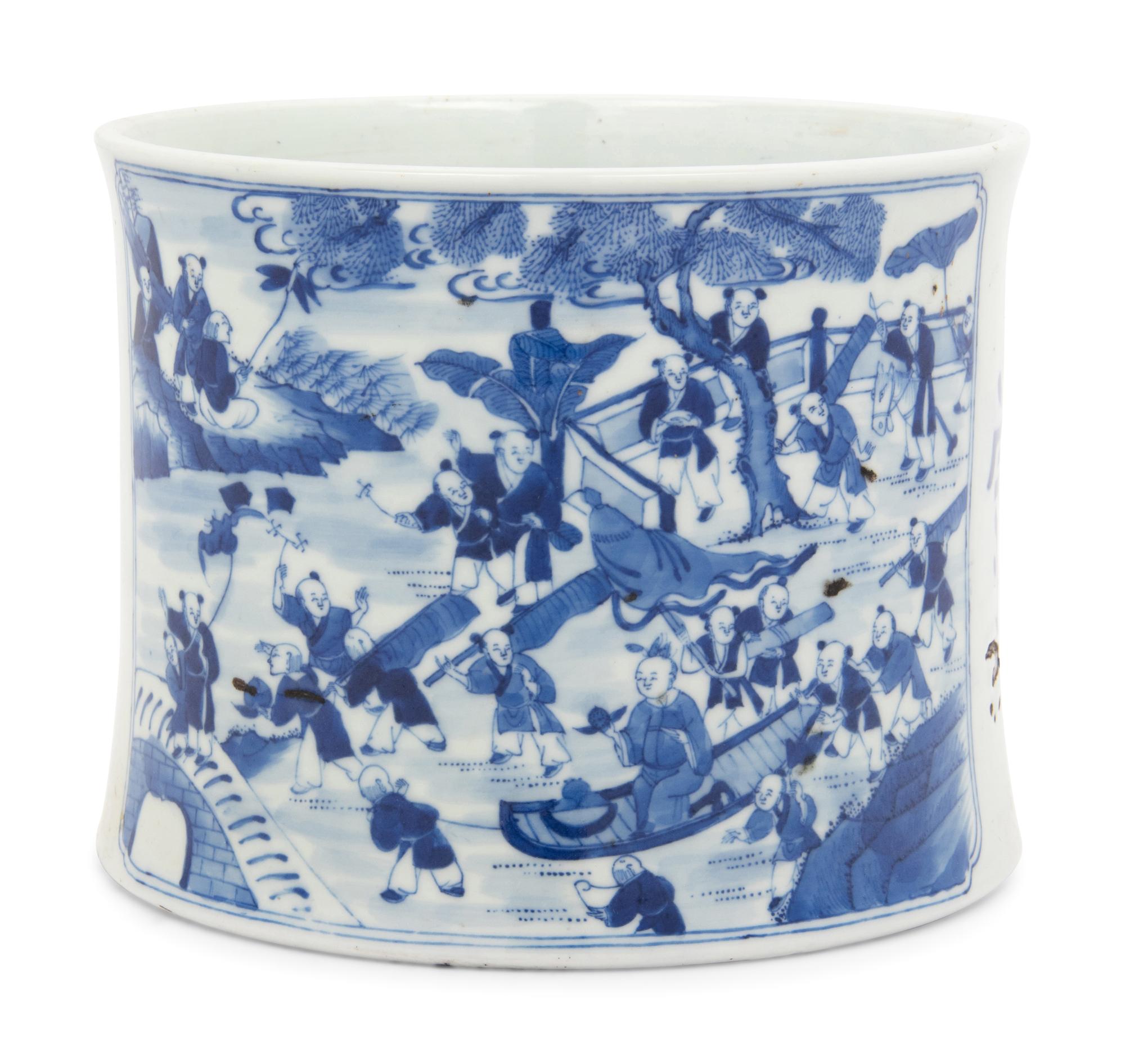 Two Chinese Blue and White Porcelain Brushpots, Bitong