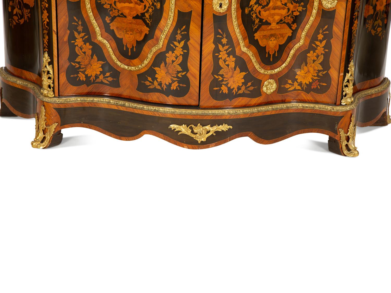A Napoleon III Gilt Bronze Mounted Marquetry Marble-Top Serpentine Cabinet