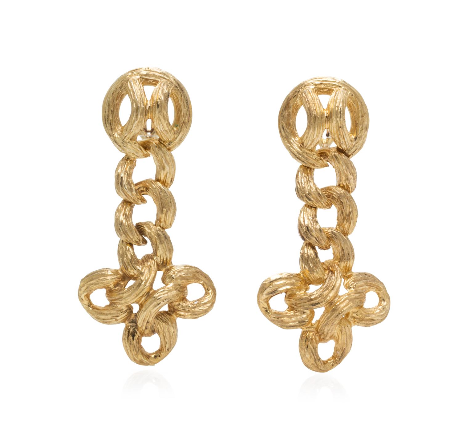 A Pair of 14 Karat Yellow Gold Knot Motif Pendant Earclips, 18.20 dwts.
