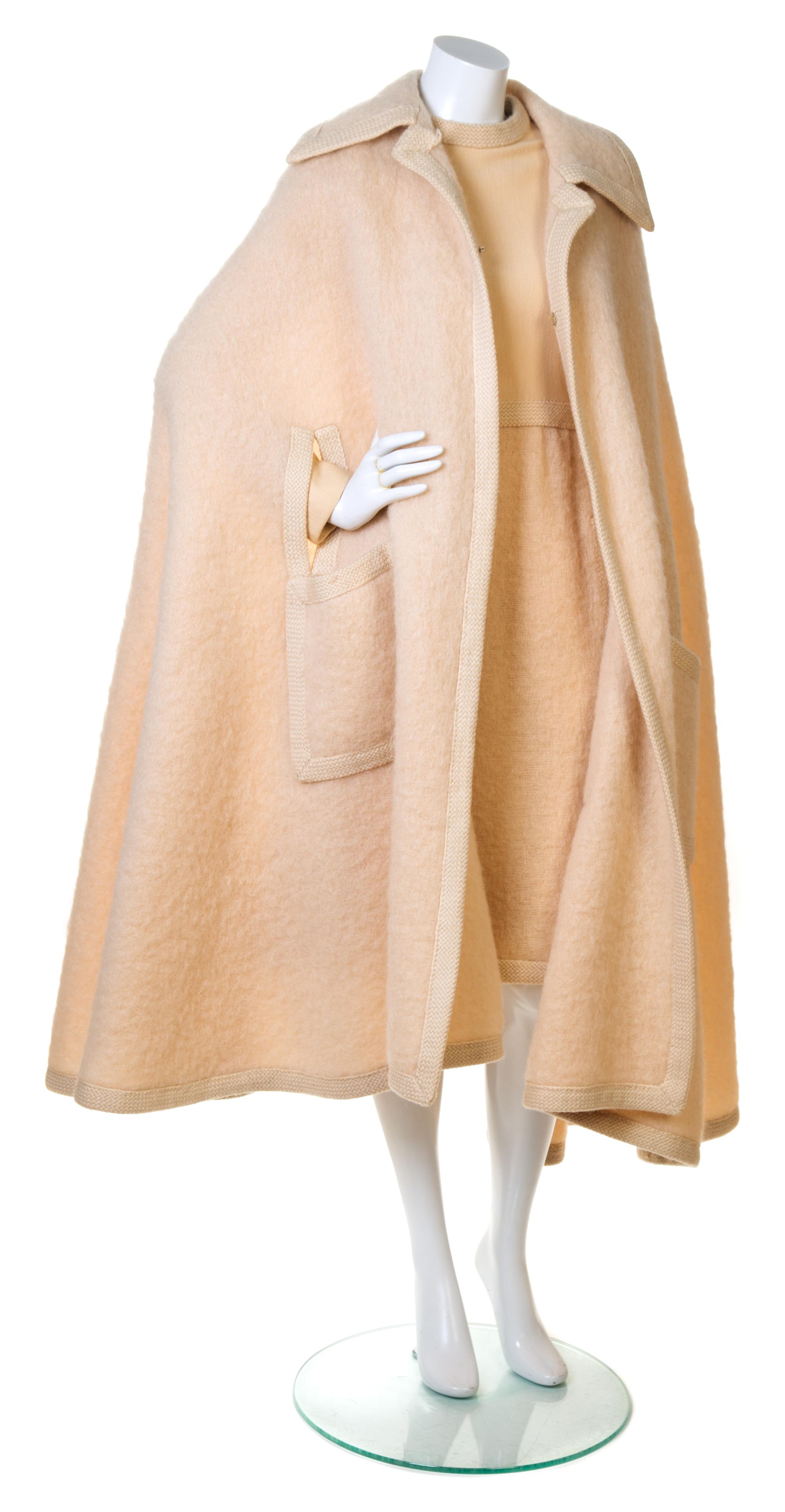 A Christian Dior Cream Wool Dress and Cape Ensemble, No size.