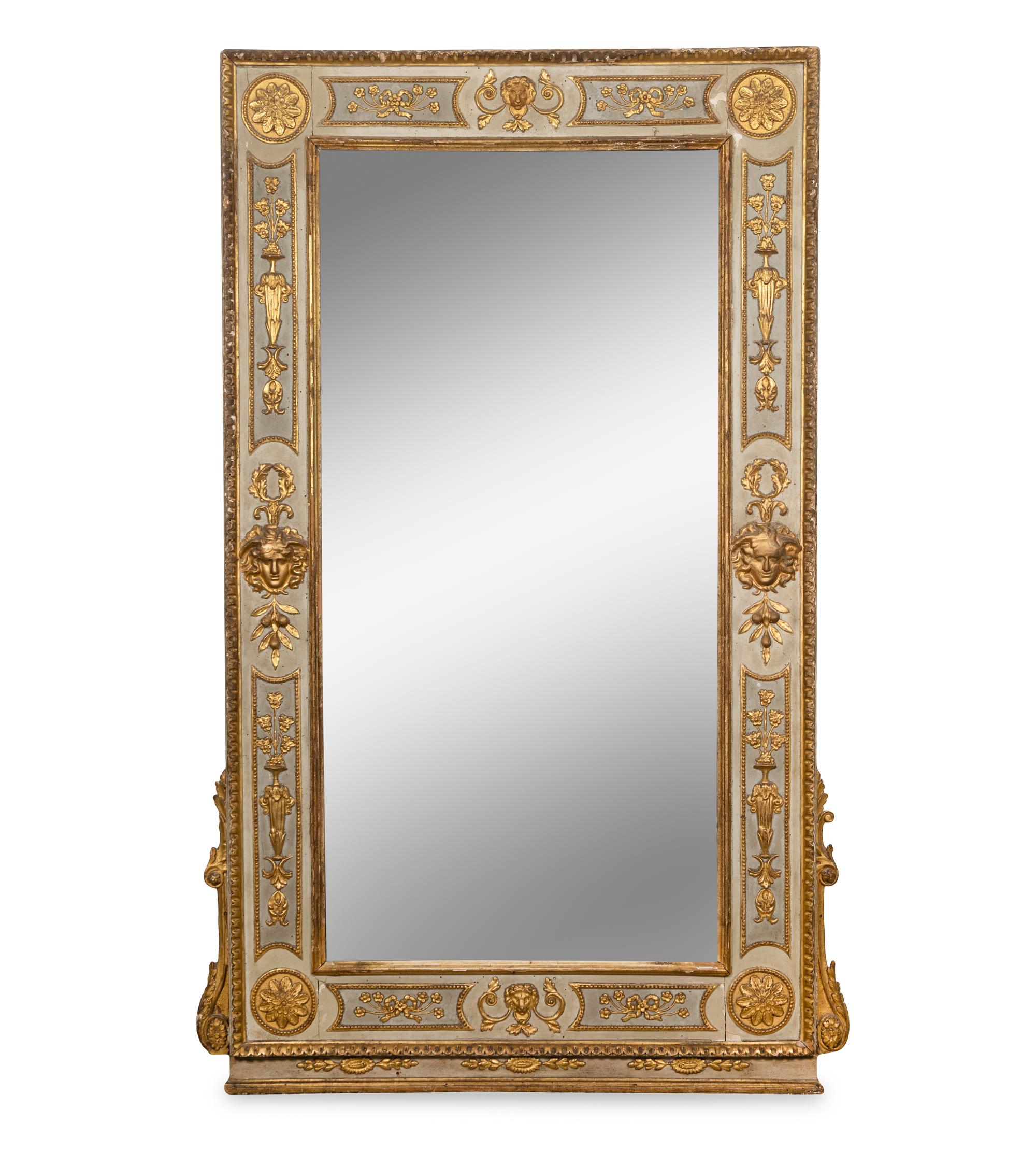 A North Italian Neoclassical Blue Painted and Parcel Gilt Mirror