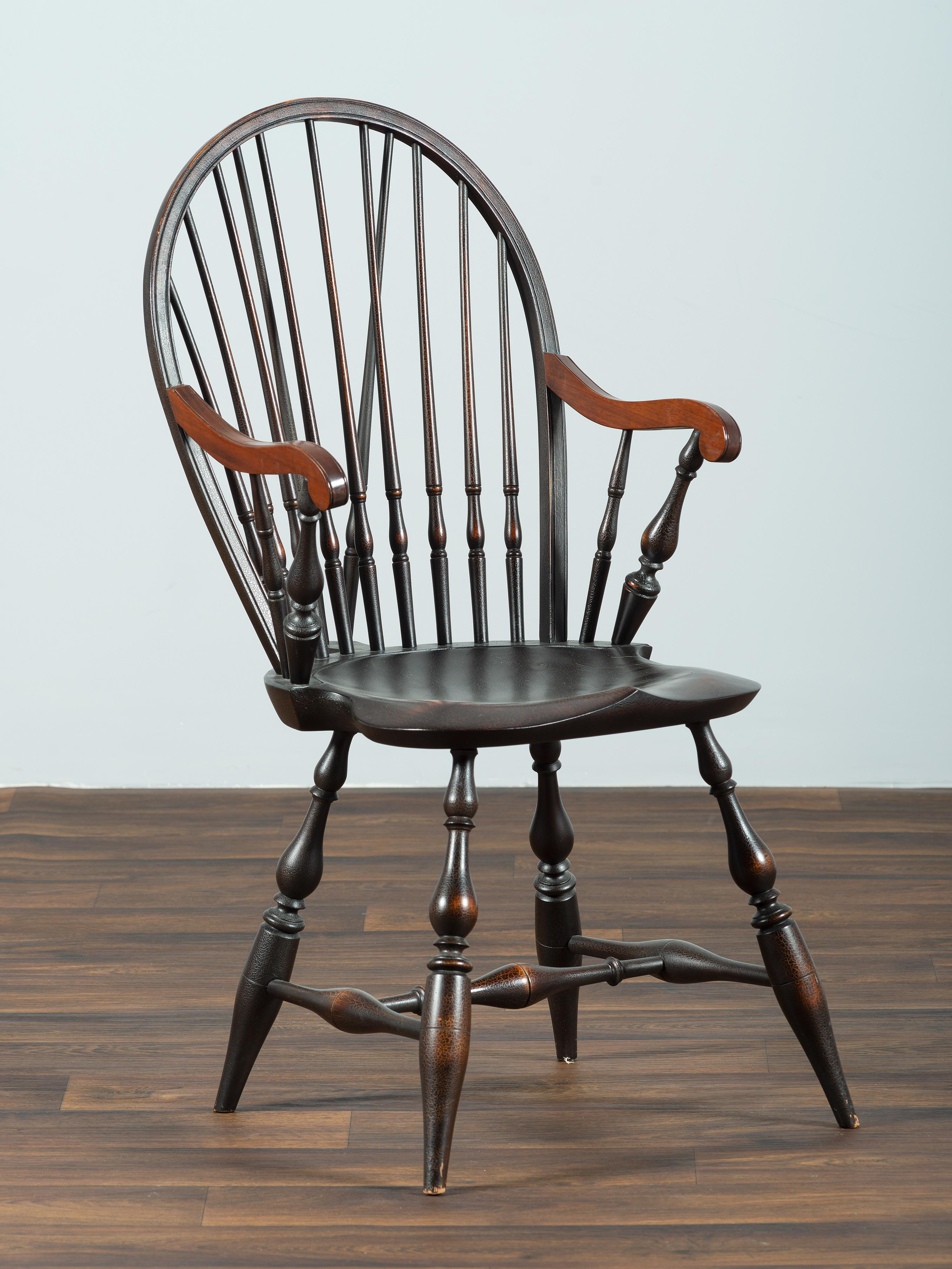 A D.R. Dimes Black-Painted Brace-Back Compass-Seat Windsor Armchair