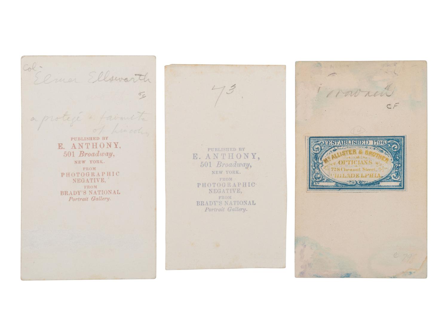 [CIVIL WAR]. A group of 3 CDVs of Elmer Ellsworth and his avenger Francis Brownell.