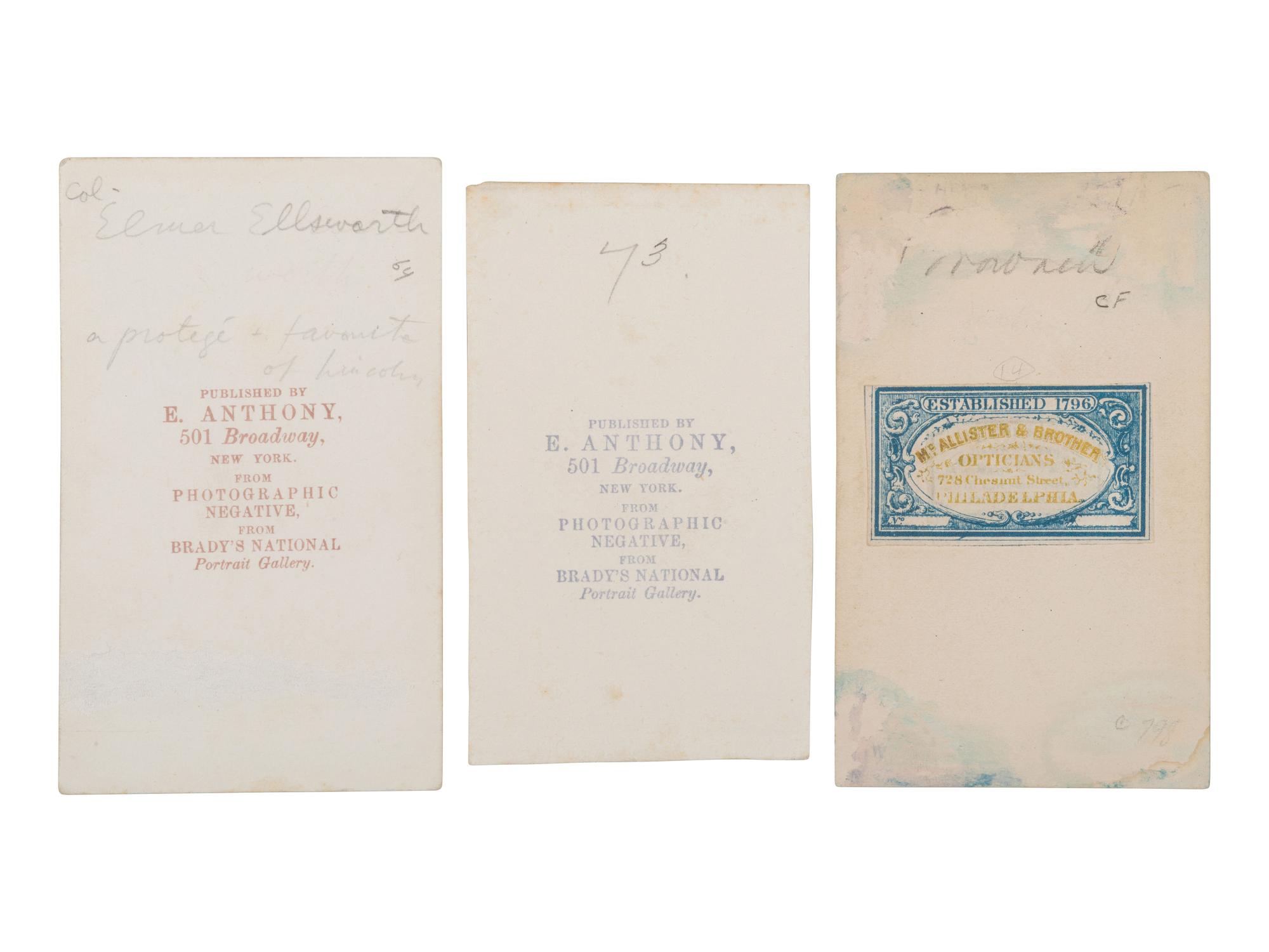 [CIVIL WAR]. A group of 3 CDVs of Elmer Ellsworth and his avenger Francis Brownell.