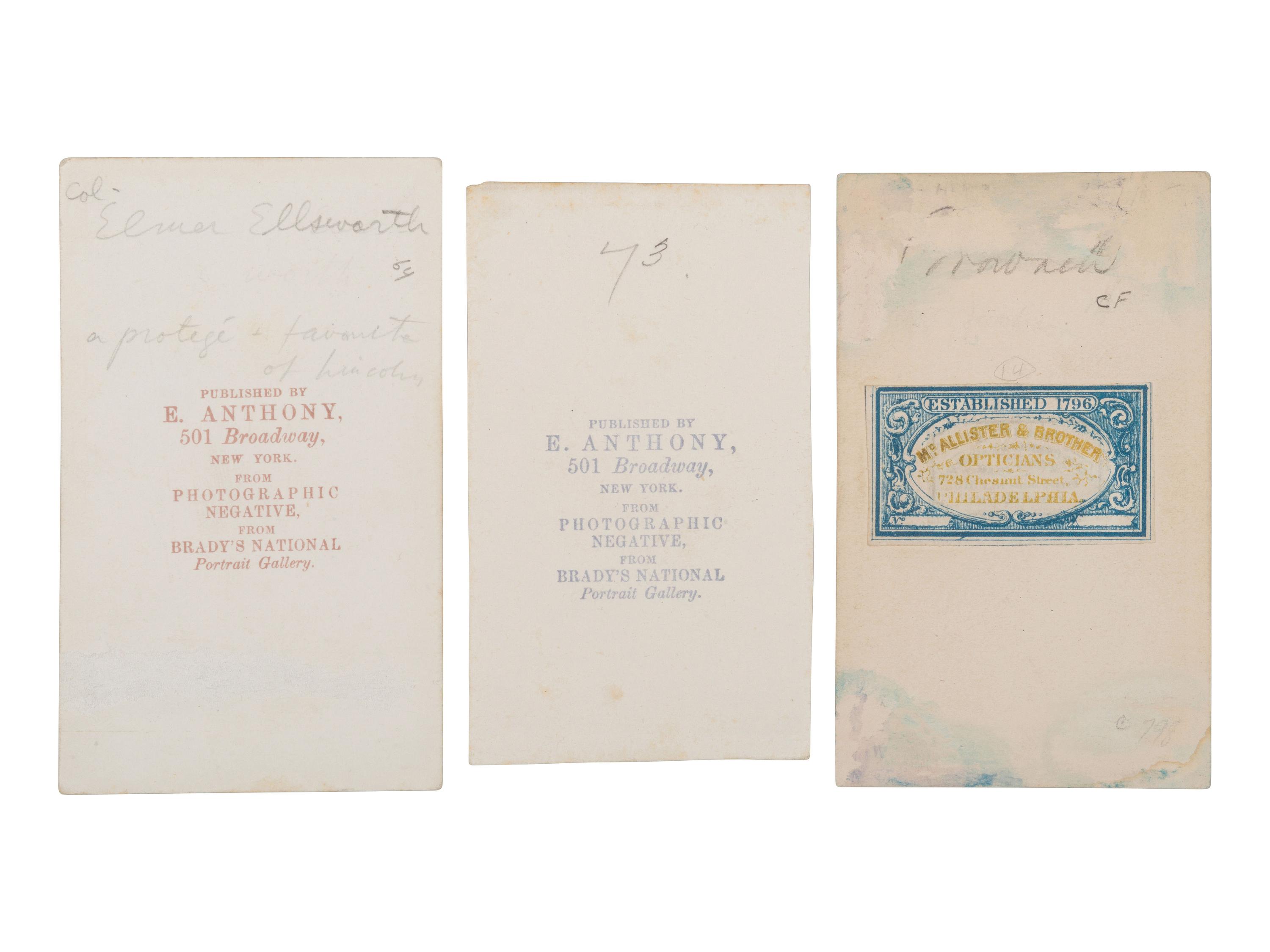 [CIVIL WAR]. A group of 3 CDVs of Elmer Ellsworth and his avenger Francis Brownell.