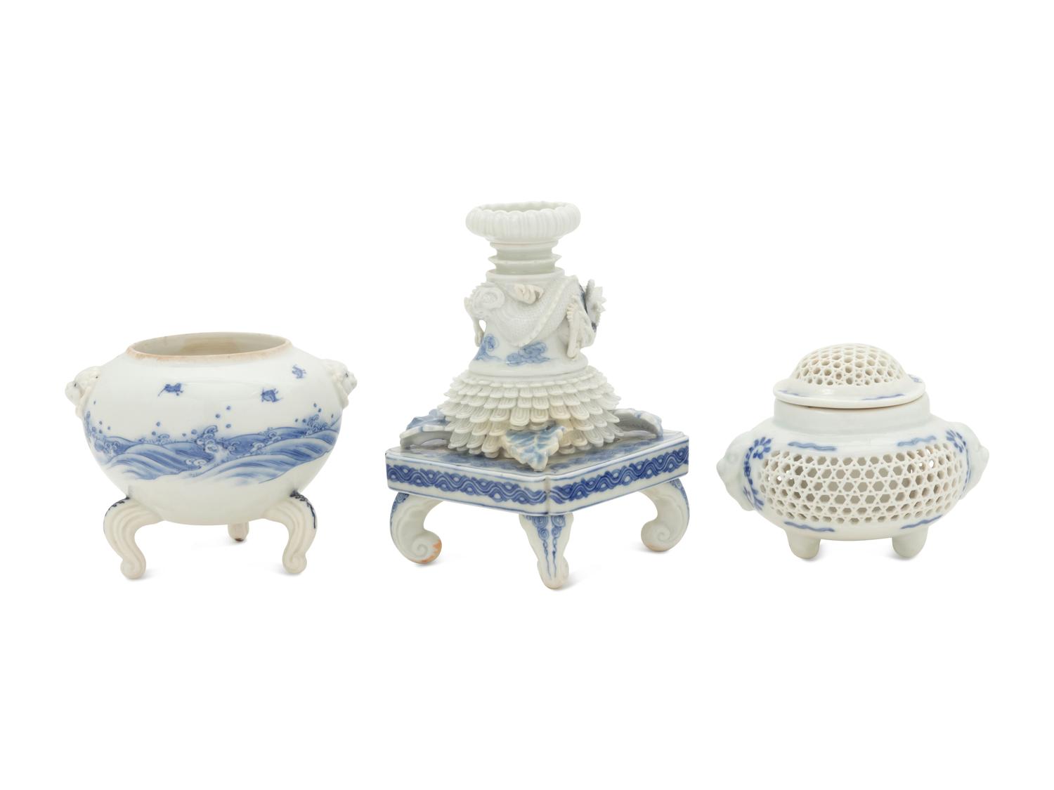 Three Japanese Blue and White Porcelain Scholar's Objects