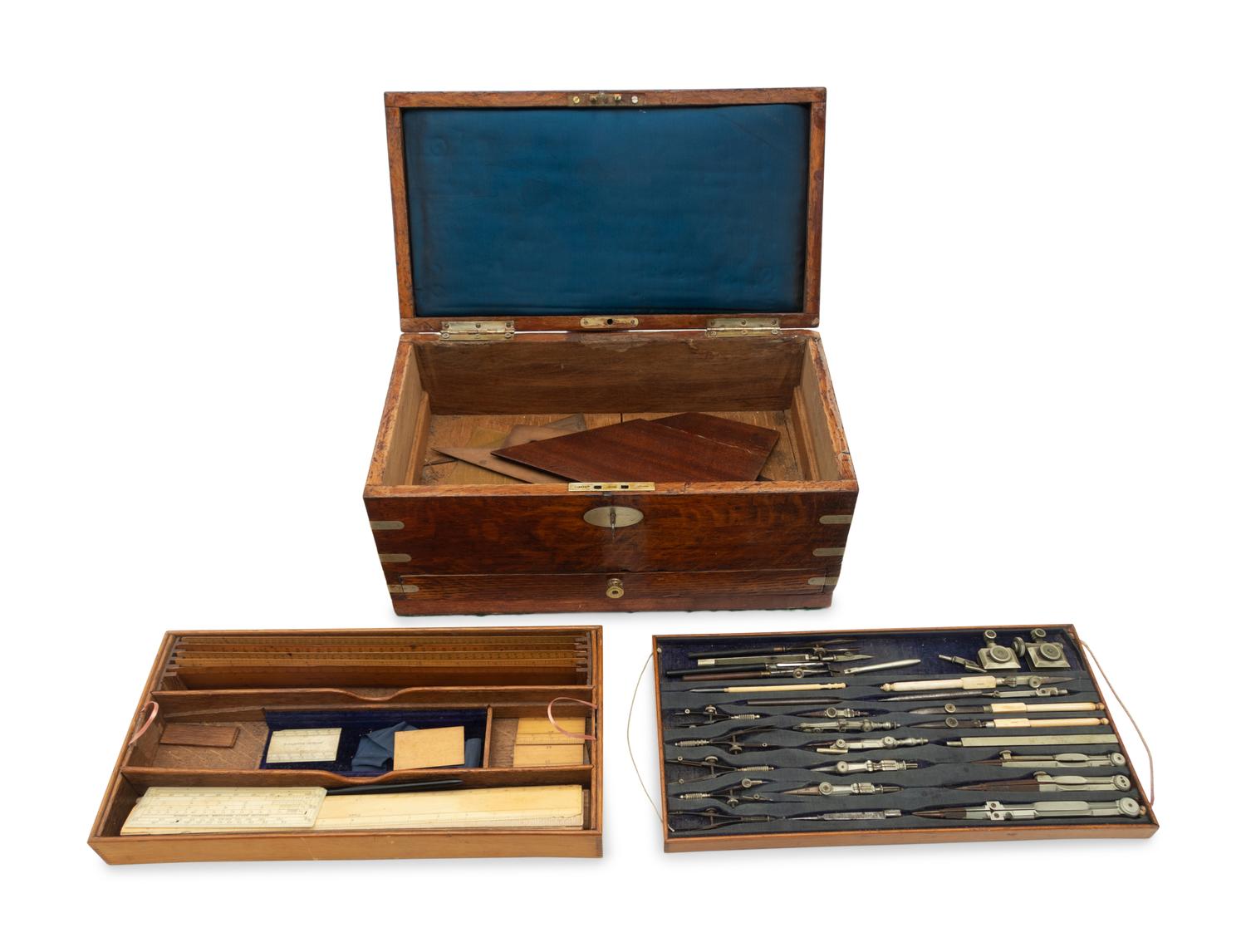 A Regency Brass Mounted Oak Cased Drawing Set