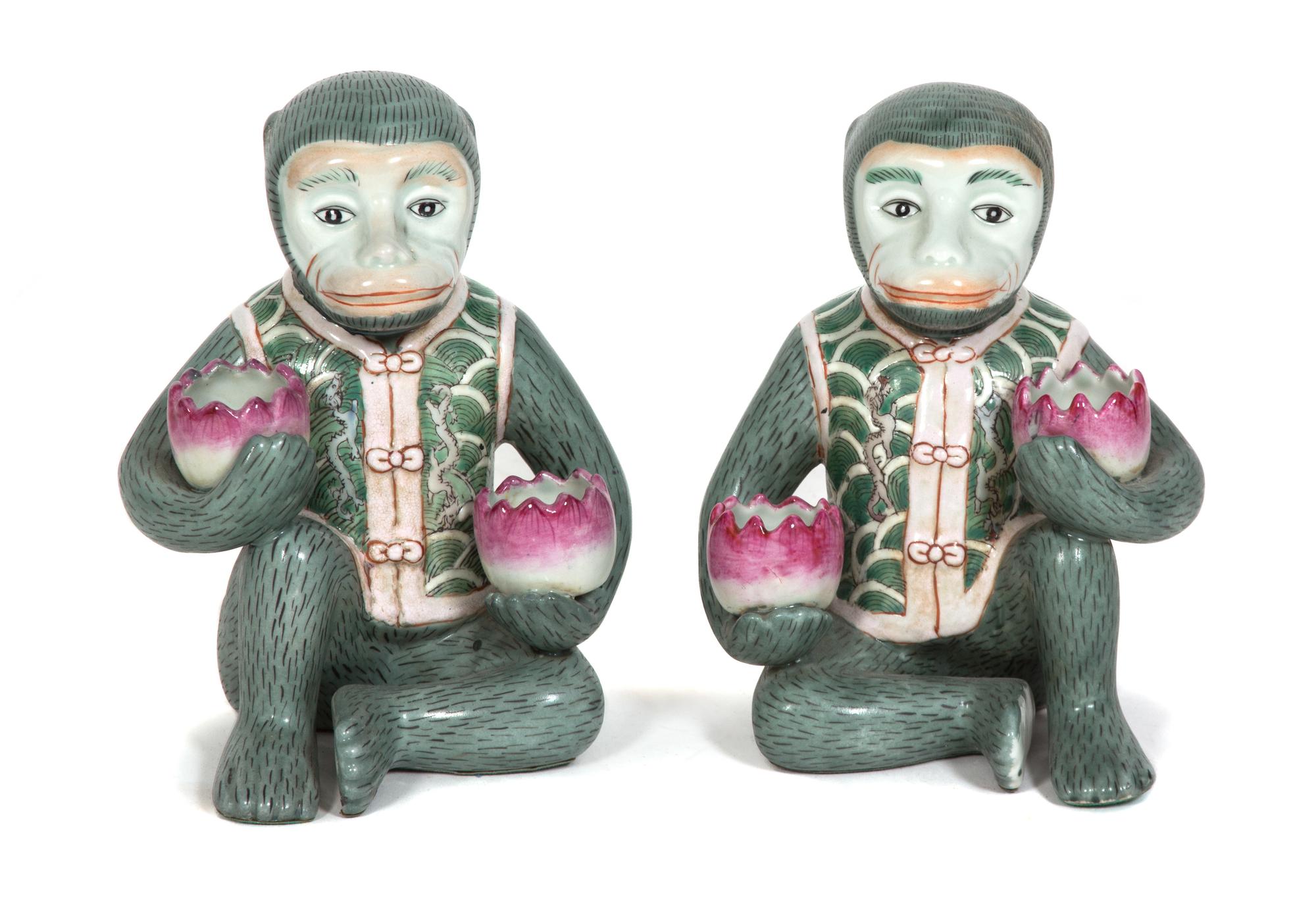 A Pair of Chinese Polychrome Glazed Ceramic Seated Monkey-Form Candleholders Height 7 1/4 inches. — 20TH CENTURY