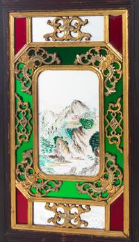 A Chinese Painted Glass Inset Gilt Decorated Hardwood Six-Panel Floor Screen