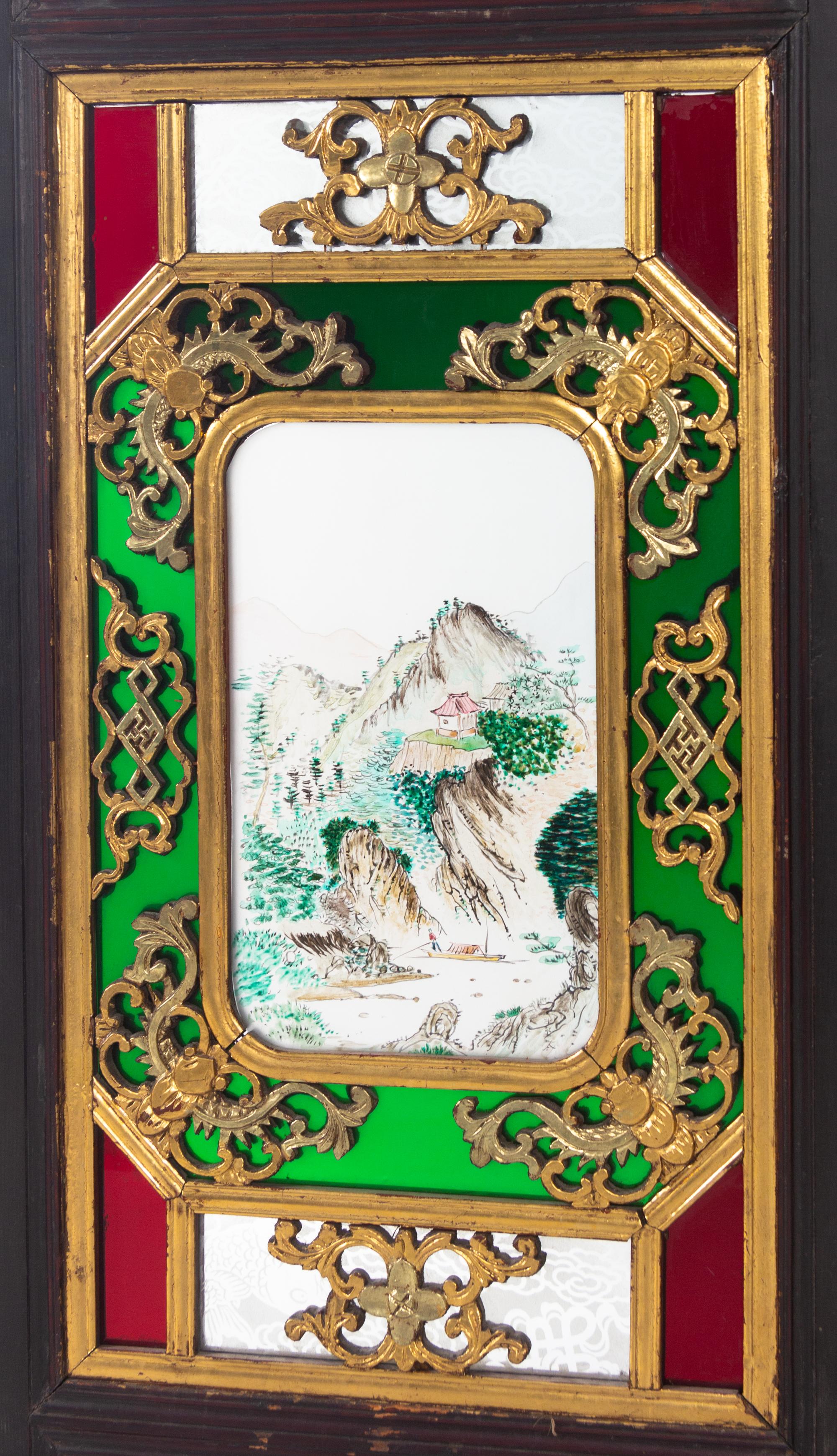 A Chinese Painted Glass Inset Gilt Decorated Hardwood Six-Panel Floor Screen