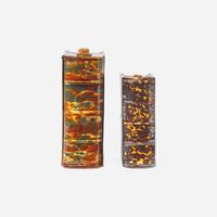 Two Rockingham or flint enamel glazed yellowware book-form flasks Probably Lyman Fenton & Co., Bennington, VT, circa 1850