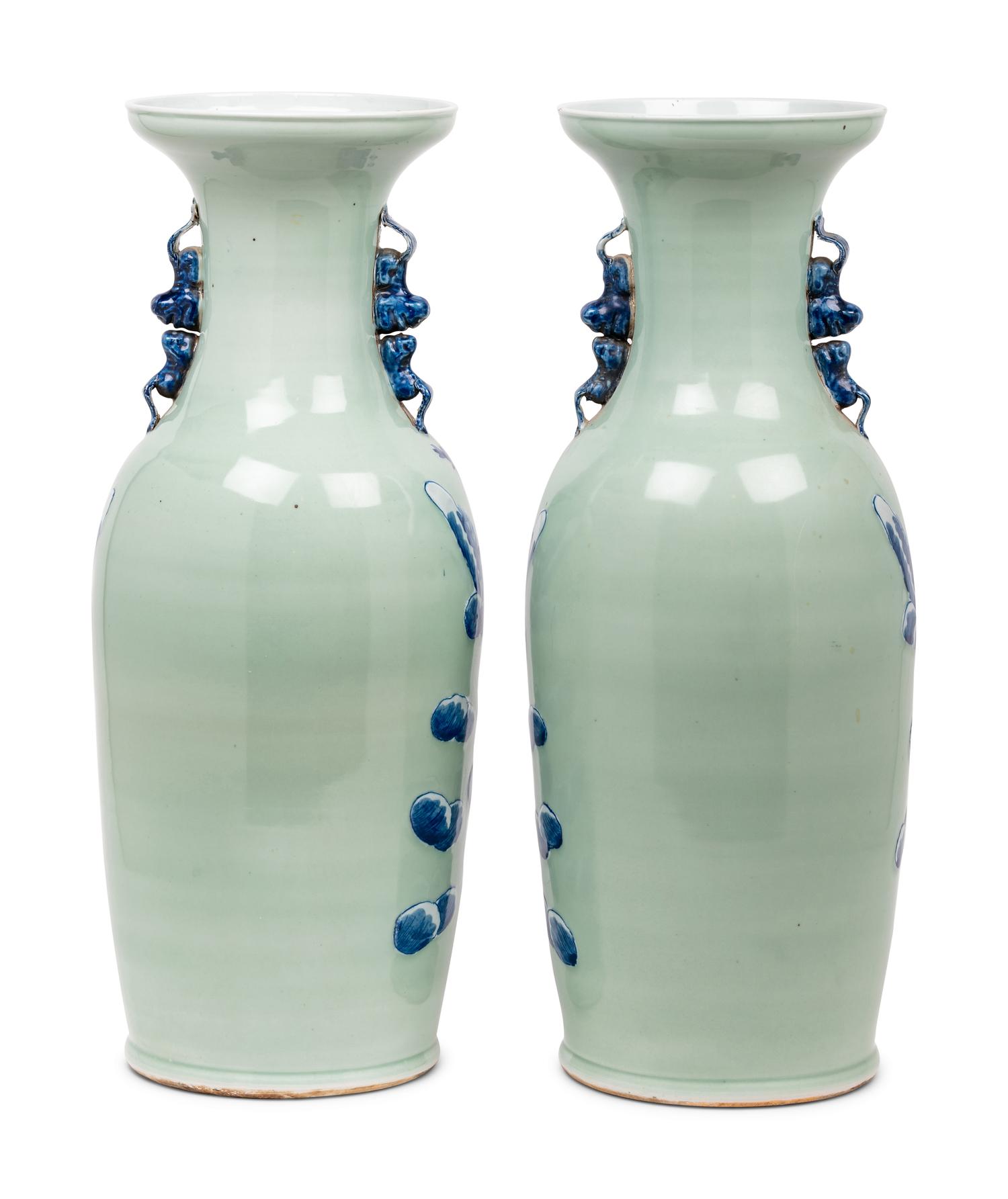 A Pair of Celadon Ground Underglaze Blue Porcelain 'Eight Immortals' Baluster Vases