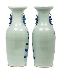 A Pair of Celadon Ground Underglaze Blue Porcelain 'Eight Immortals' Baluster Vases
