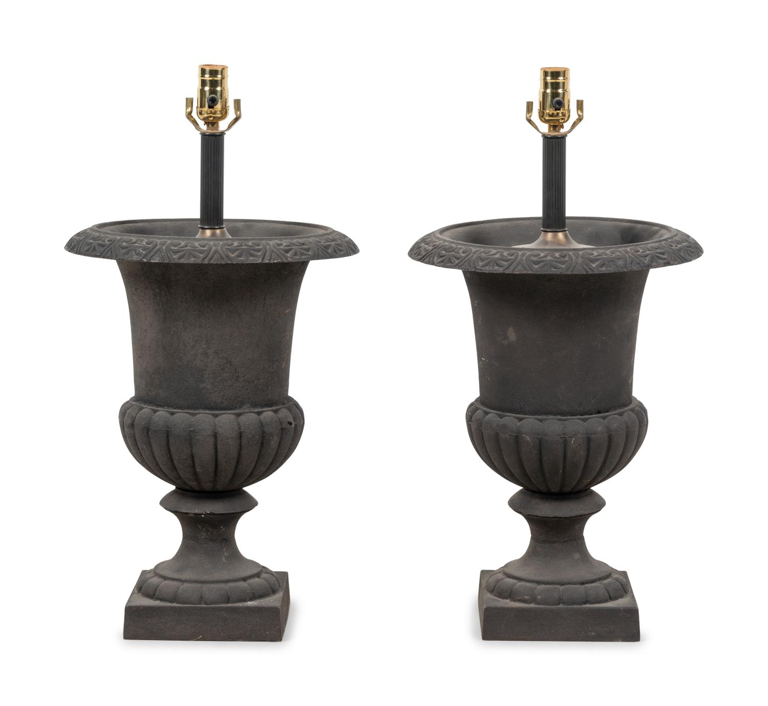 A Pair of Painted Cast Iron Garden Urns Mounted as Lamps