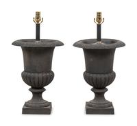 A Pair of Painted Cast Iron Garden Urns Mounted as Lamps