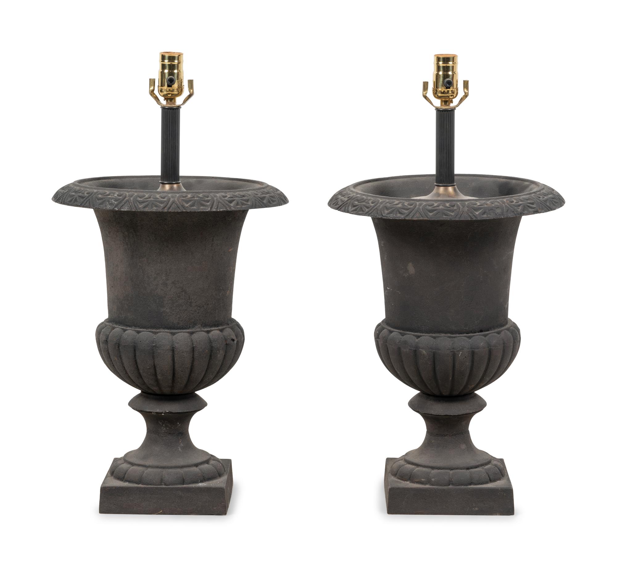 A Pair of Painted Cast Iron Garden Urns Mounted as Lamps