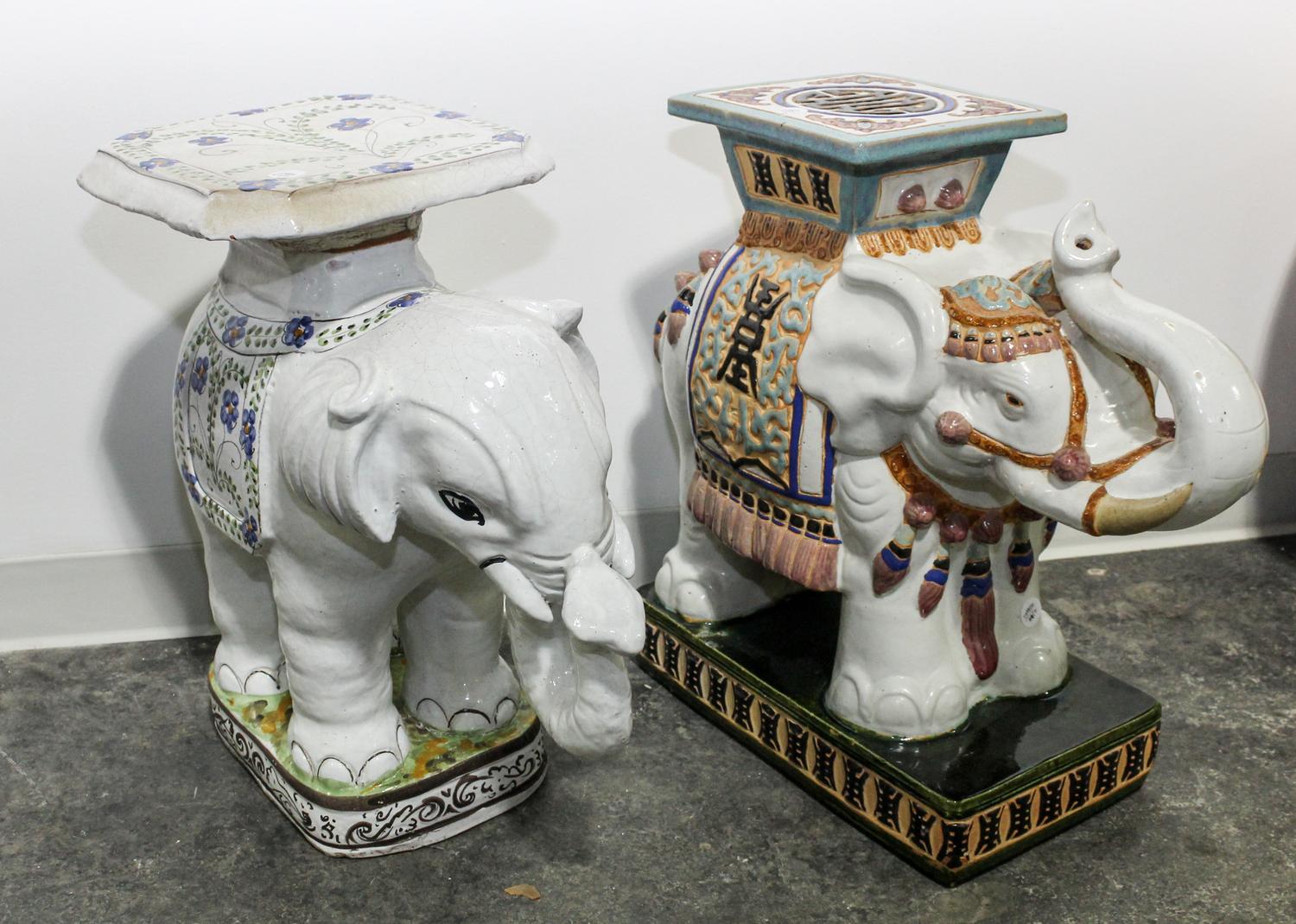 Two Southeast Asian Polychrome Enameled Porcelain Elephant Form Garden Seats Height of each approximately 22 1/4 inches. — 20TH CENTURY