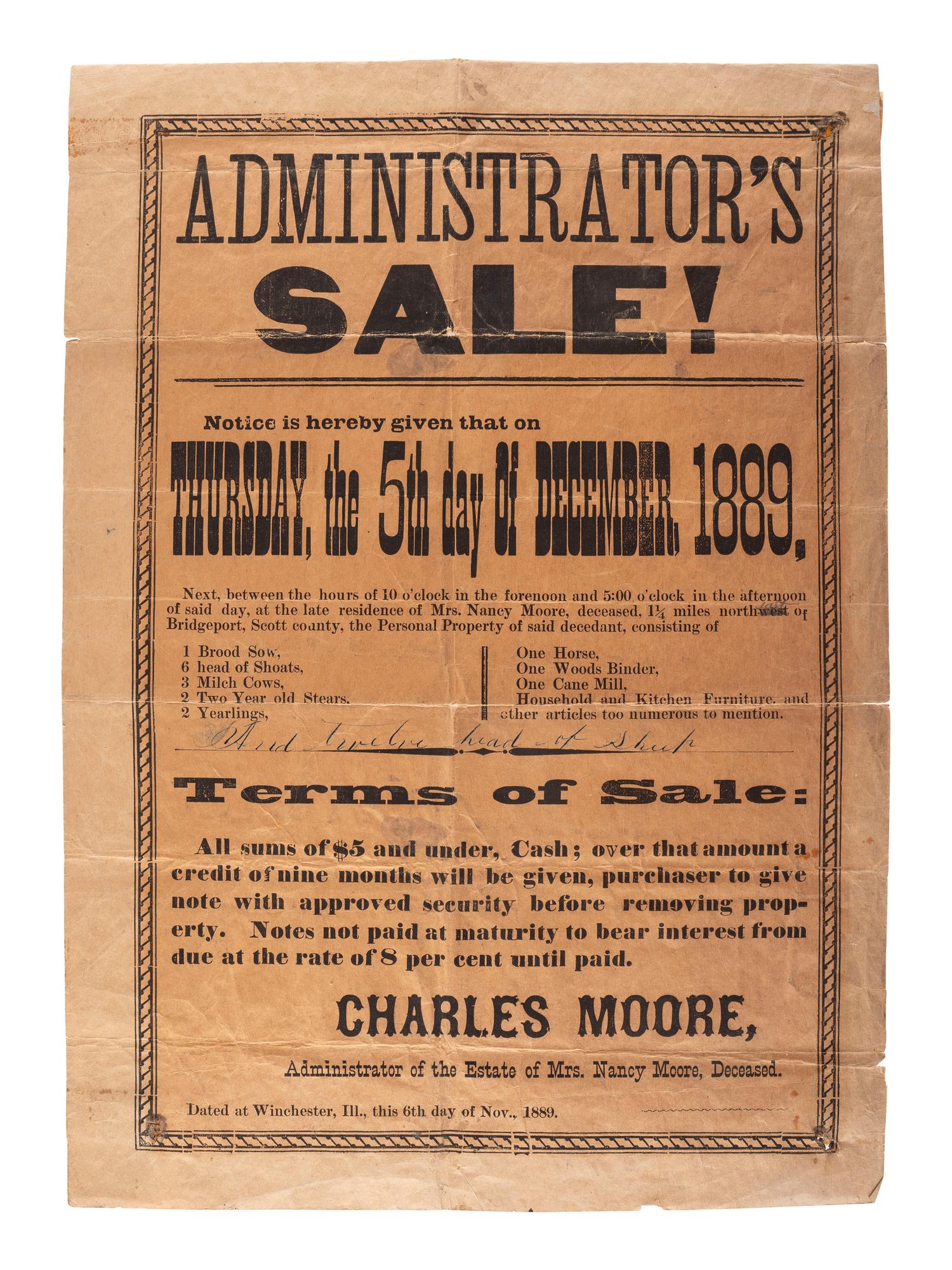 [ILLINOIS]. A group of 3 large nineteenth-century land and estate sale broadsides, comprising: