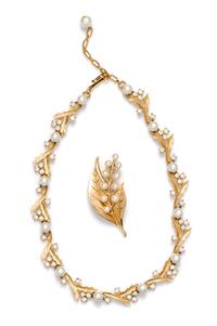 A Trifari Goldtone Faux Pearl and Rhinestone Demi Parure,