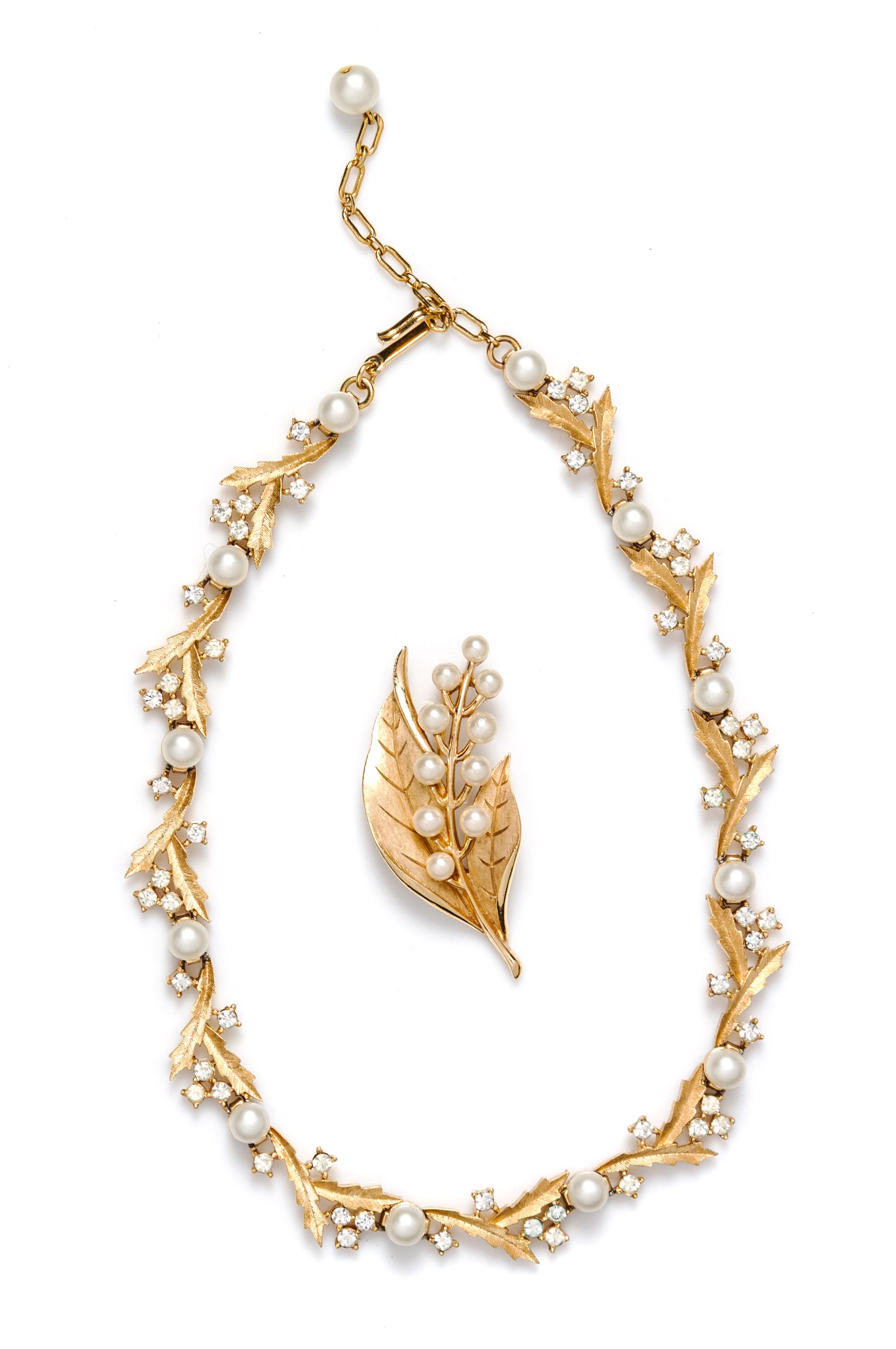 A Trifari Goldtone Faux Pearl and Rhinestone Demi Parure,
