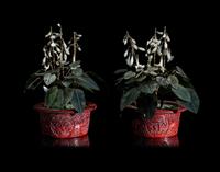 A Pair of Chinese Cinnabar Lacquer Jardinières with Jade and Hardstone Trees