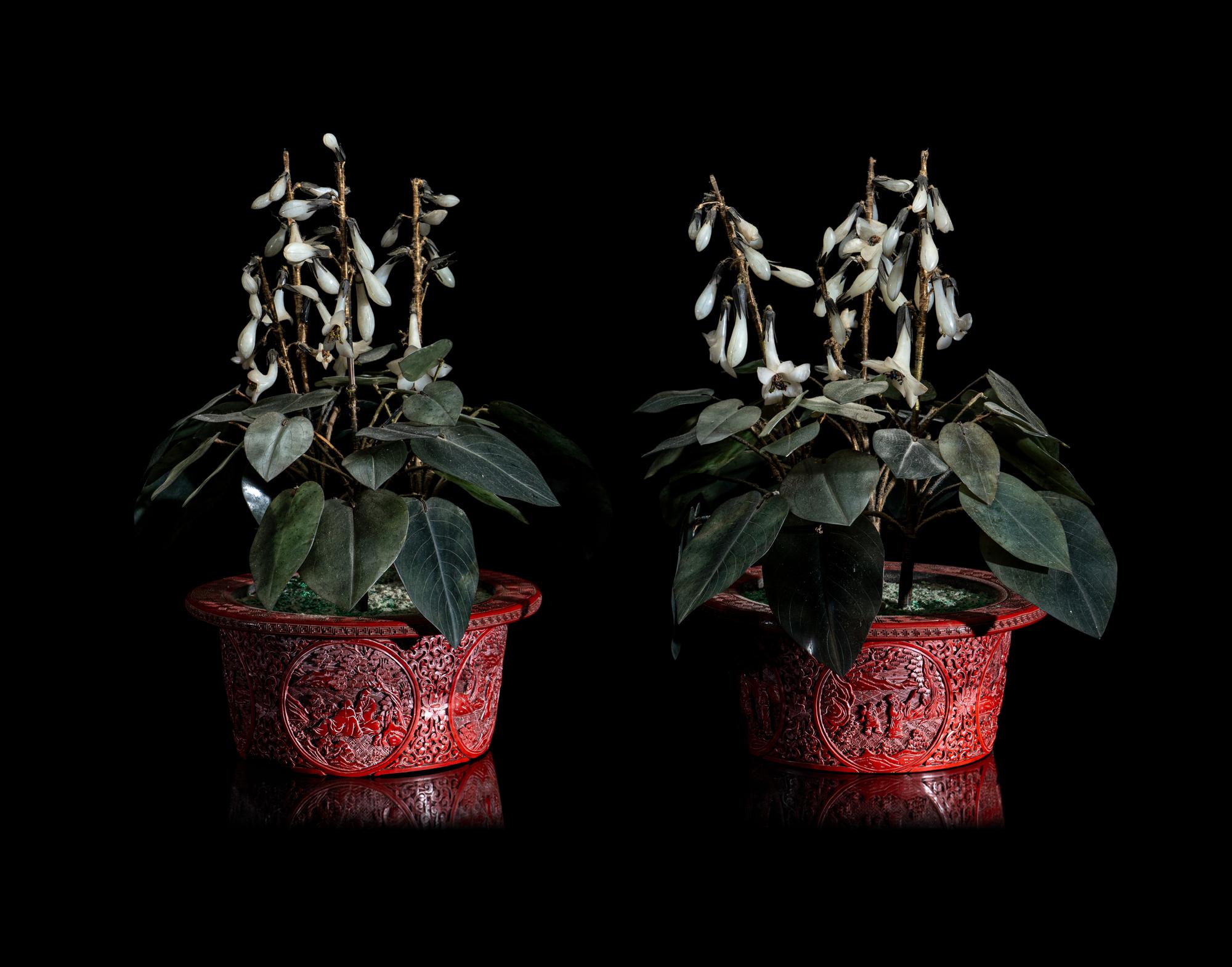 A Pair of Chinese Cinnabar Lacquer Jardinières with Jade and Hardstone Trees