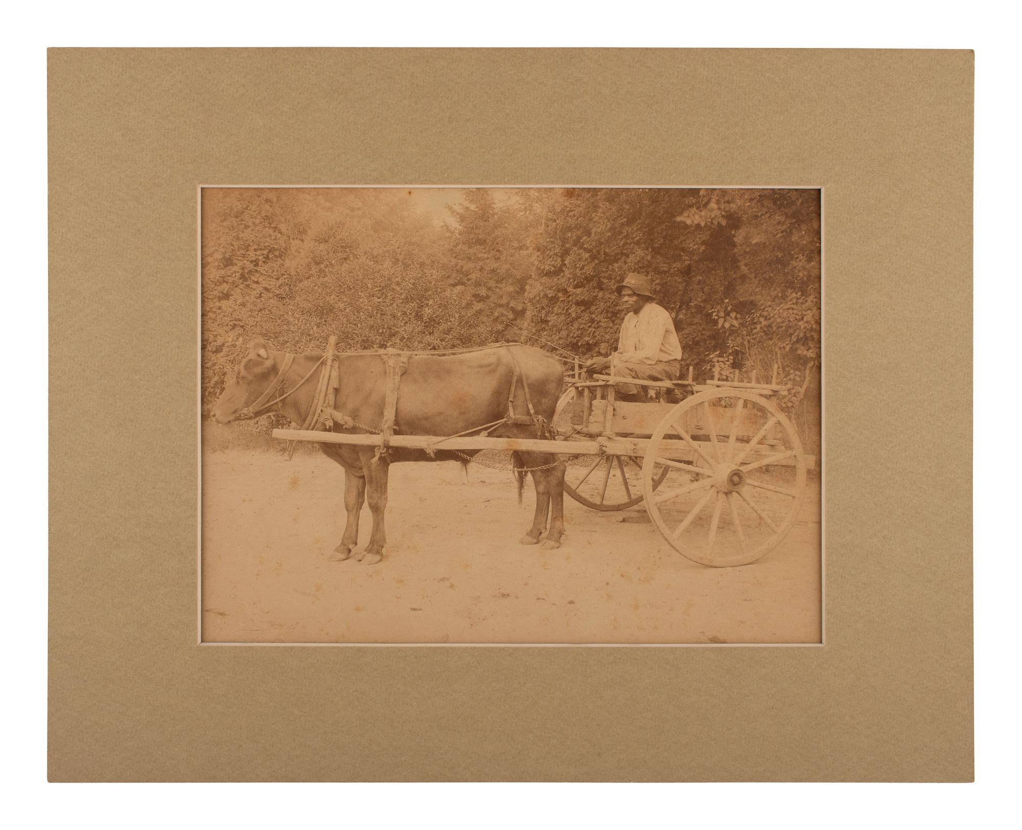 [EARLY PHOTOGRAPHY]. Photograph of an African American male subject driving a cart.