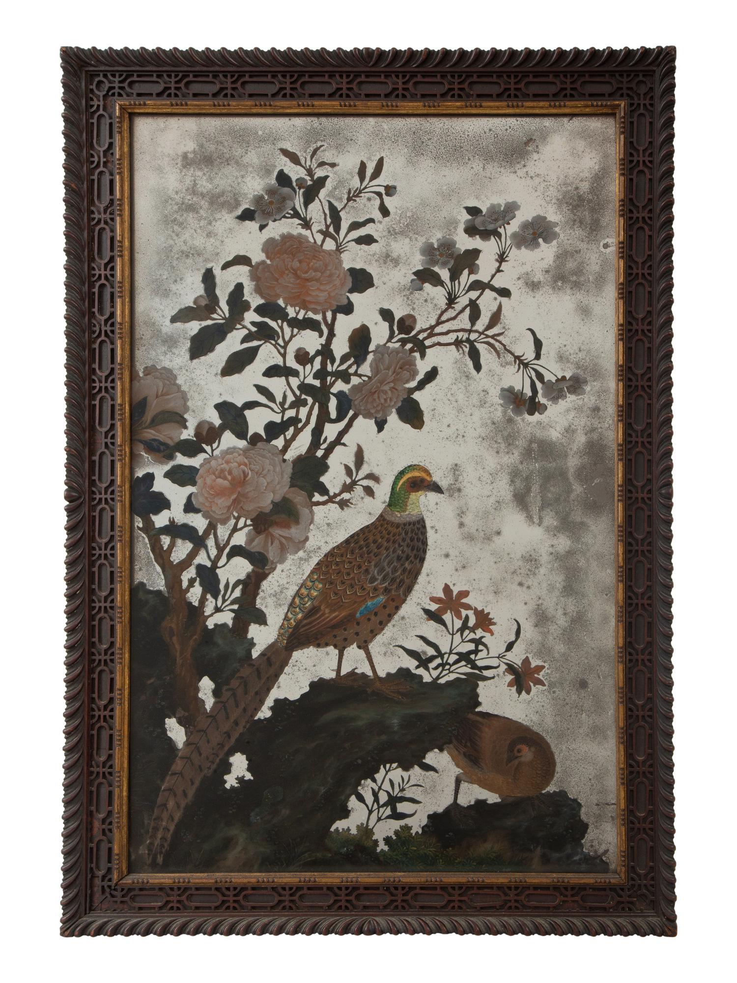 A Chinese Reverse-Painted Mirror with Pheasants and Peonies