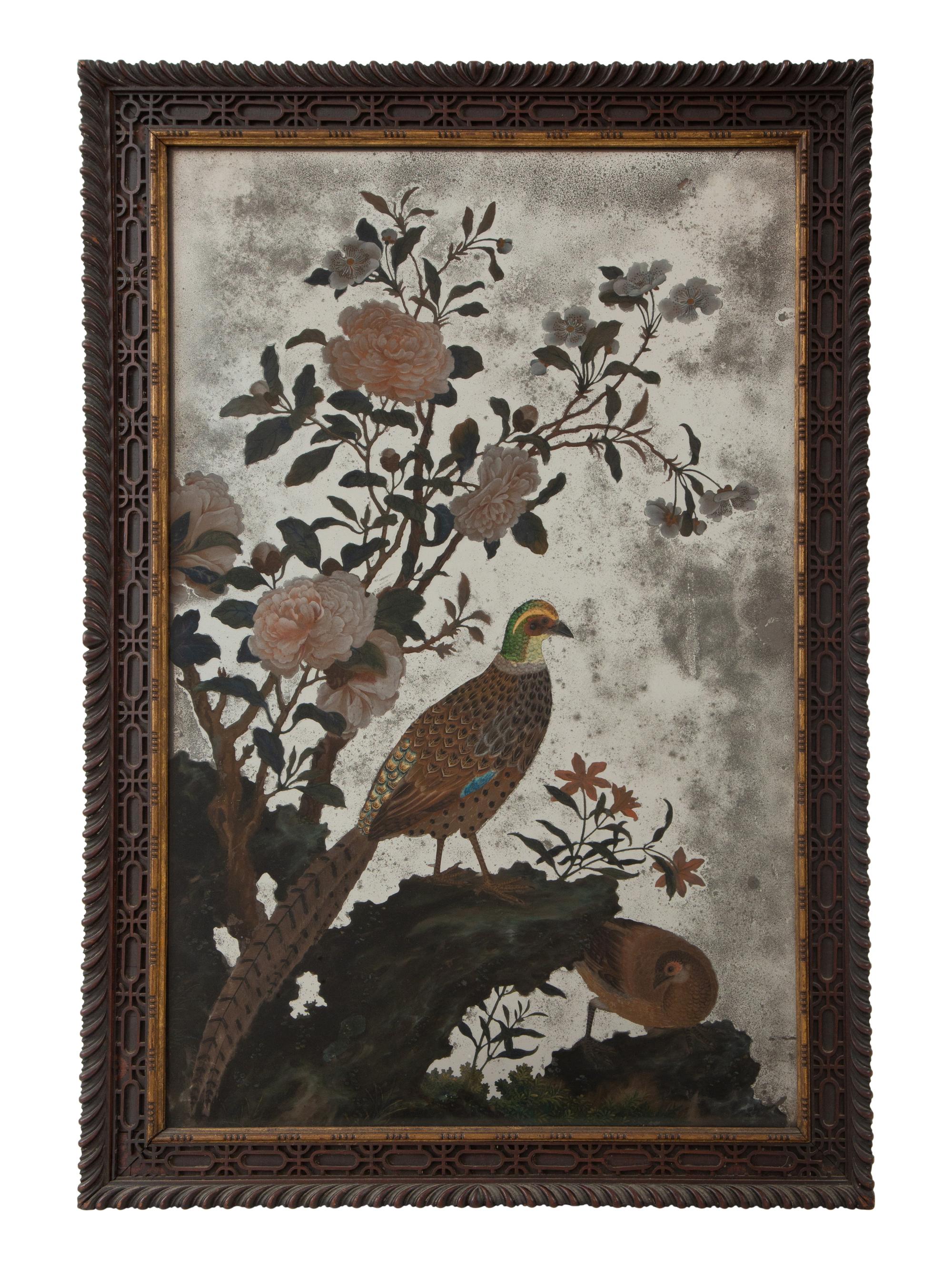 A Chinese Reverse-Painted Mirror with Pheasants and Peonies
