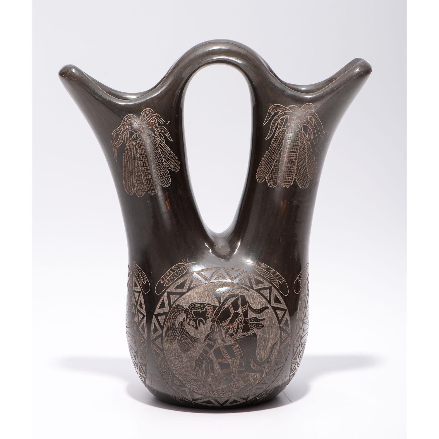 Award-Winning Pictorial Sgraffito Blackware Wedding Vase